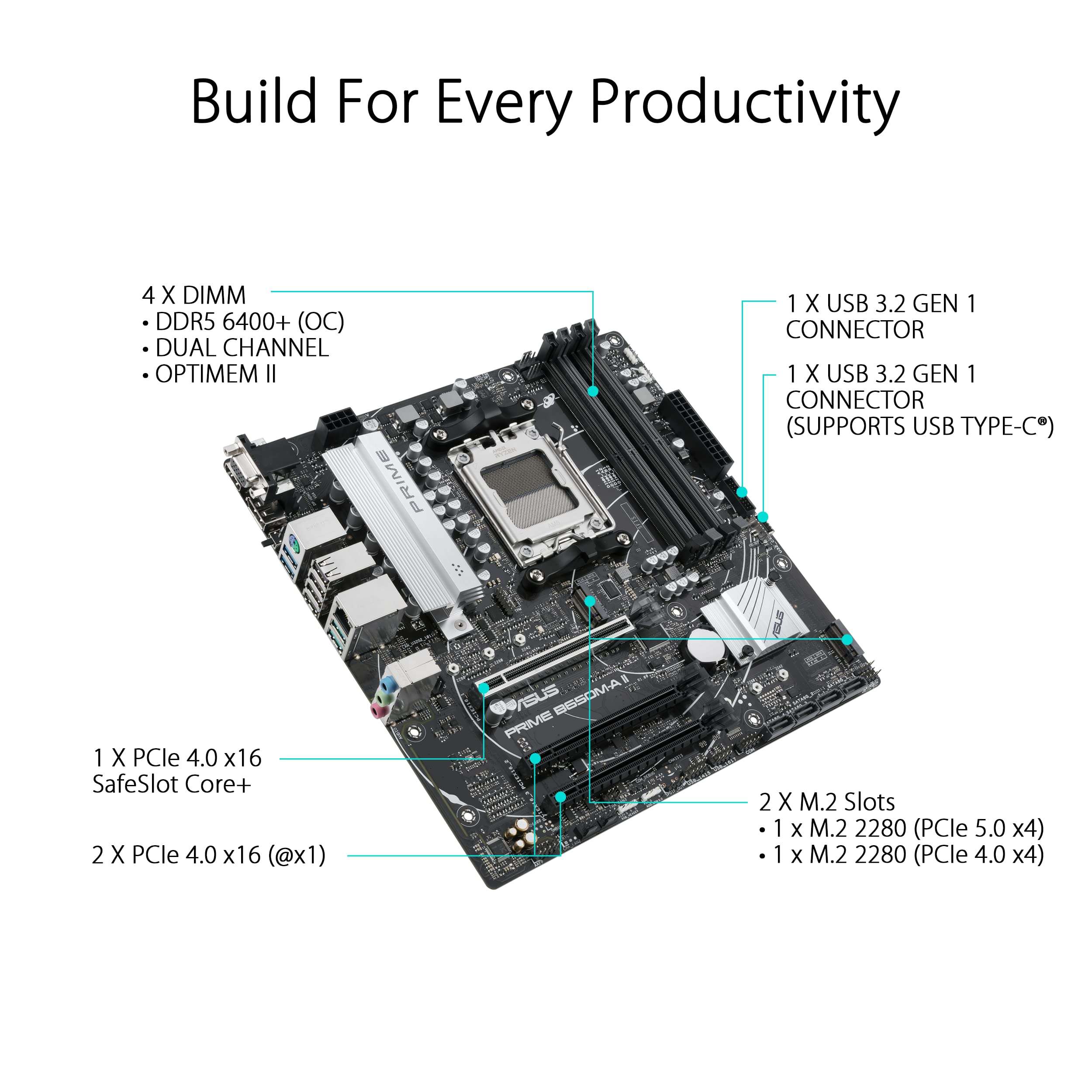 ASUS PRIME-B650M-A-II AMD AM5 Micro-ATX Motherboard for Ryzen 7000 Series Desktop Processors with DDR5, PCIe 5.0 M.2, 2.5Gb Ethernet, DisplayPort, HDMI, VGA, Front USB 3.2 Gen 1 Type-C, & Arua Sync 5