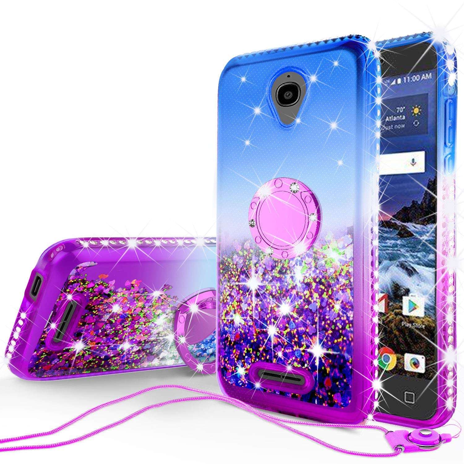 Coverlab Cases for Alcatel Avalon V 5059S/Alcatel 1X Evolve/Alcatel IdealXtra 5059R/Alcatel TCL LX A502DL Case Ring Kickstand Bling Liquid Glitter Sparkle Shiny for Girls Women - Purple/Blue 2