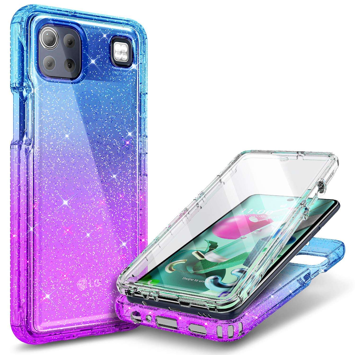 NZND Case for LG K92 / K92 5G (LM-K920) with [Built-in Screen Protector], Full-Body Protective Shockproof Rugged Bumper Cover, Impact Resist Phone Case -Glitter Gradient Purple/Blue 1
