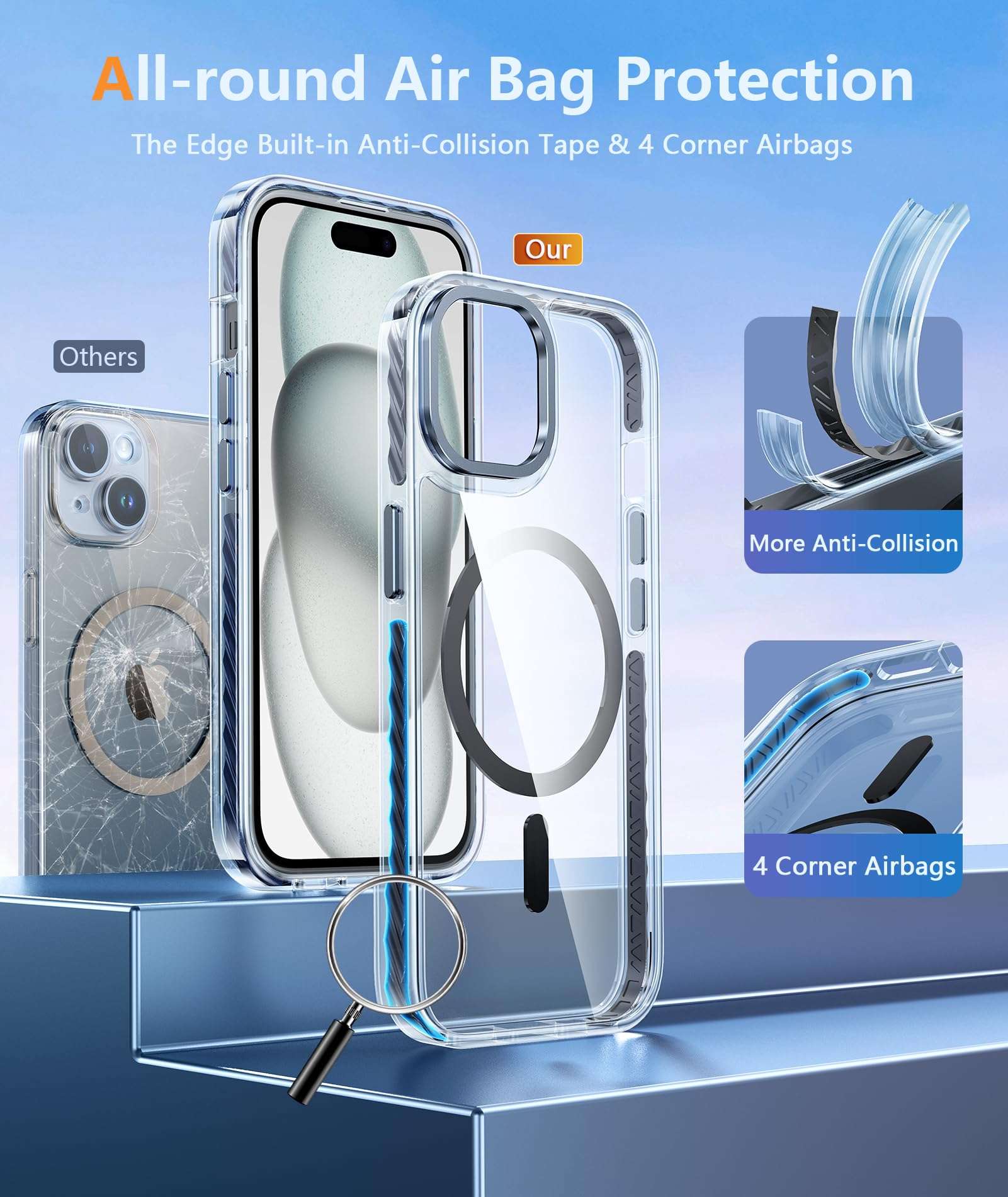 FNTCASE for iPhone 15 Plus Case: Clear Case with Magnetic Circle,Metal Button,Built-in Shockproof TPU,Military Grade Drop Protection Shell Durable Full Body Protective Cell Phone Cover - 6.7 inch 4