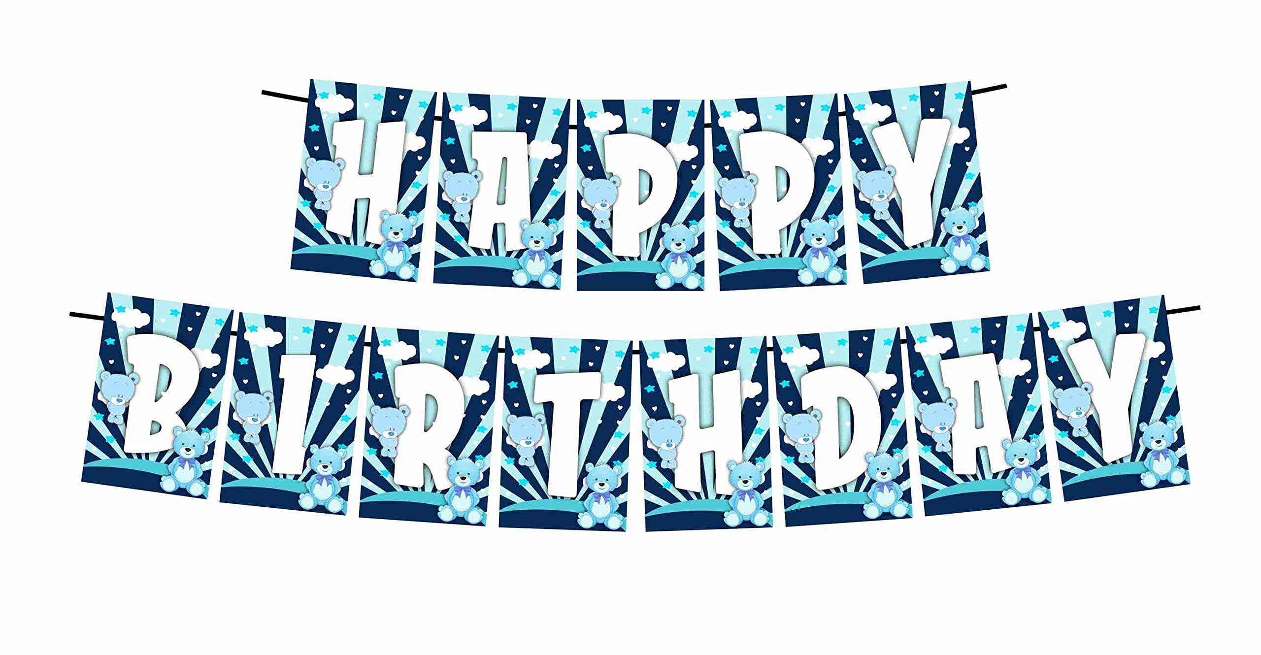 Partyzon Blue Teddy Bear Theme Happy Birthday Kids Banner for Birthday Decoration Backdrop and Theme Party with Ribbon 1