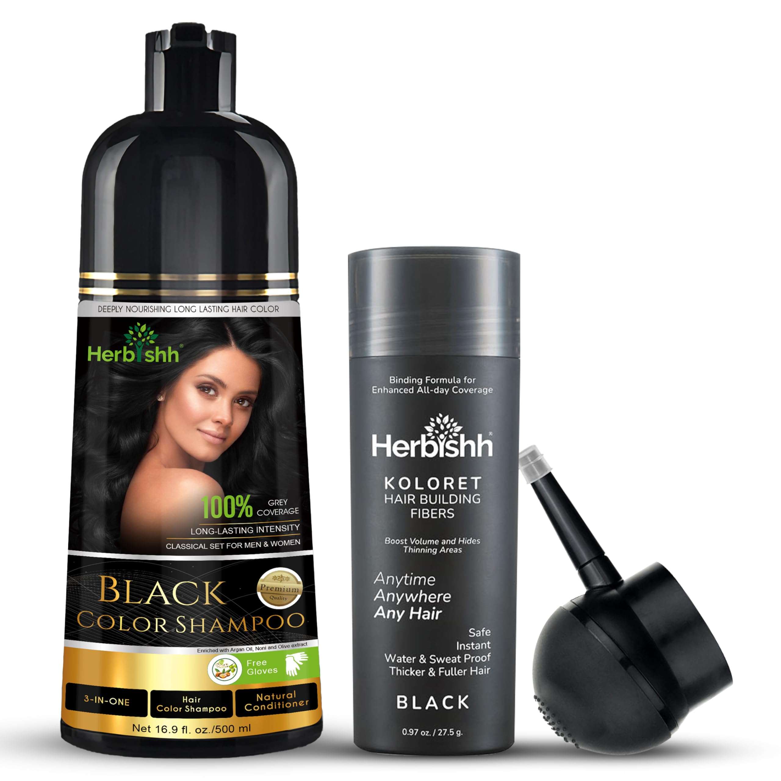 Herbishh Hair Color Shampoo for Gray Hair – Magic Hair Dye Shampoo 500 ml (Black) Koloret Hair Building Fibers – Black Powder 27.5g
