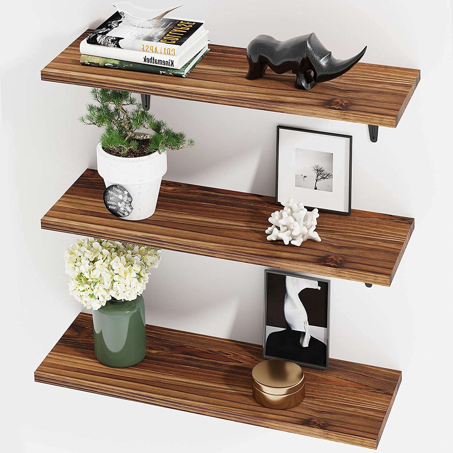 Tree House Floating Shelves, Black Wood Wall Mounted Shelves with Invisible Brackets for Bedroom Living Room Bathroom Kitchen, Shelves for Wall Decor Storage Set of 3 (White) 1