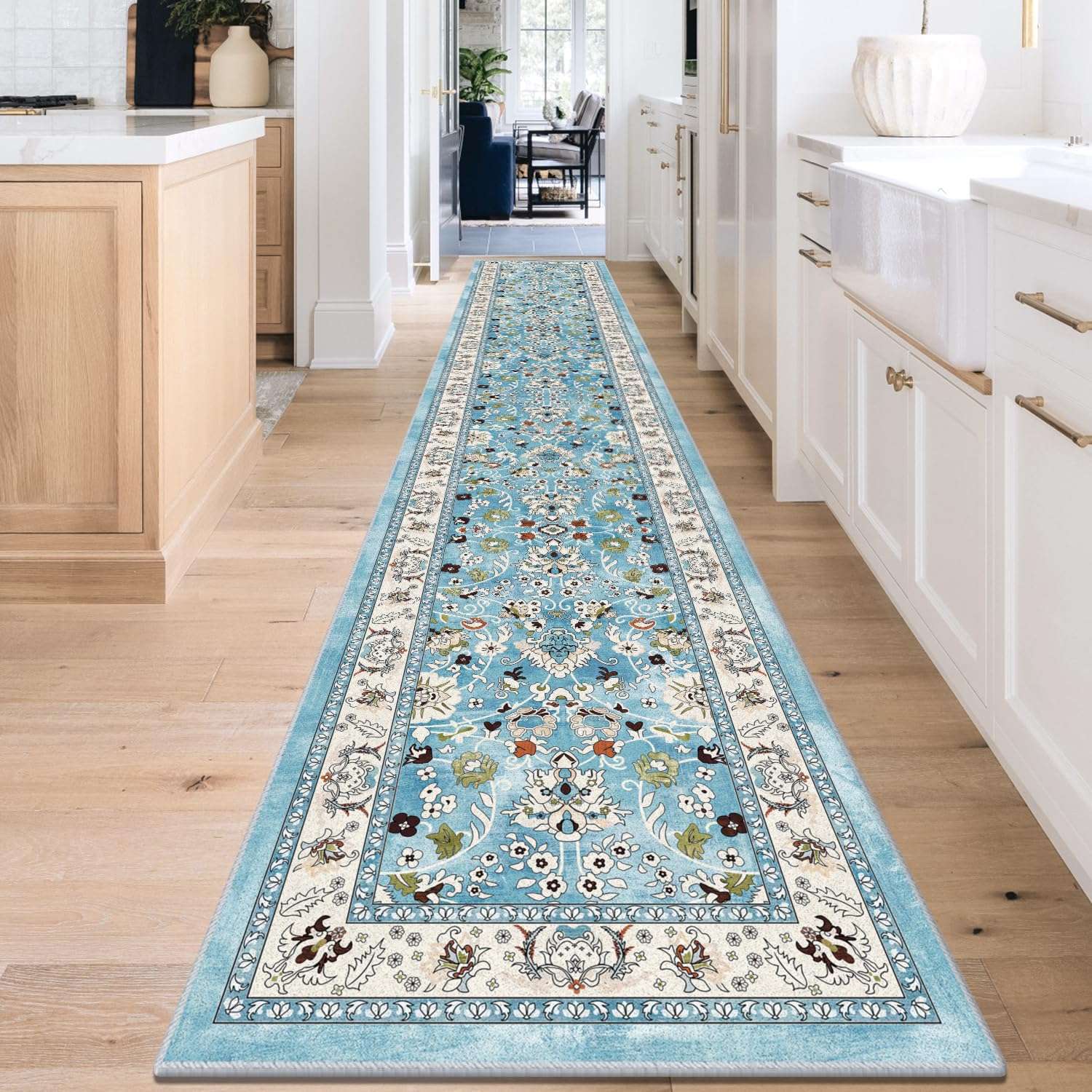 LOKHOM Washable Area Rug, 3x5 Non-Slip Kitchen Area Mat Vintage Living Room Rug with Rubber Backing, Boho Floral Faux Wool Farmhouse Bedroom Area Carpet for Bedroom Bathroom Kitchen Laundry(Teal) 1