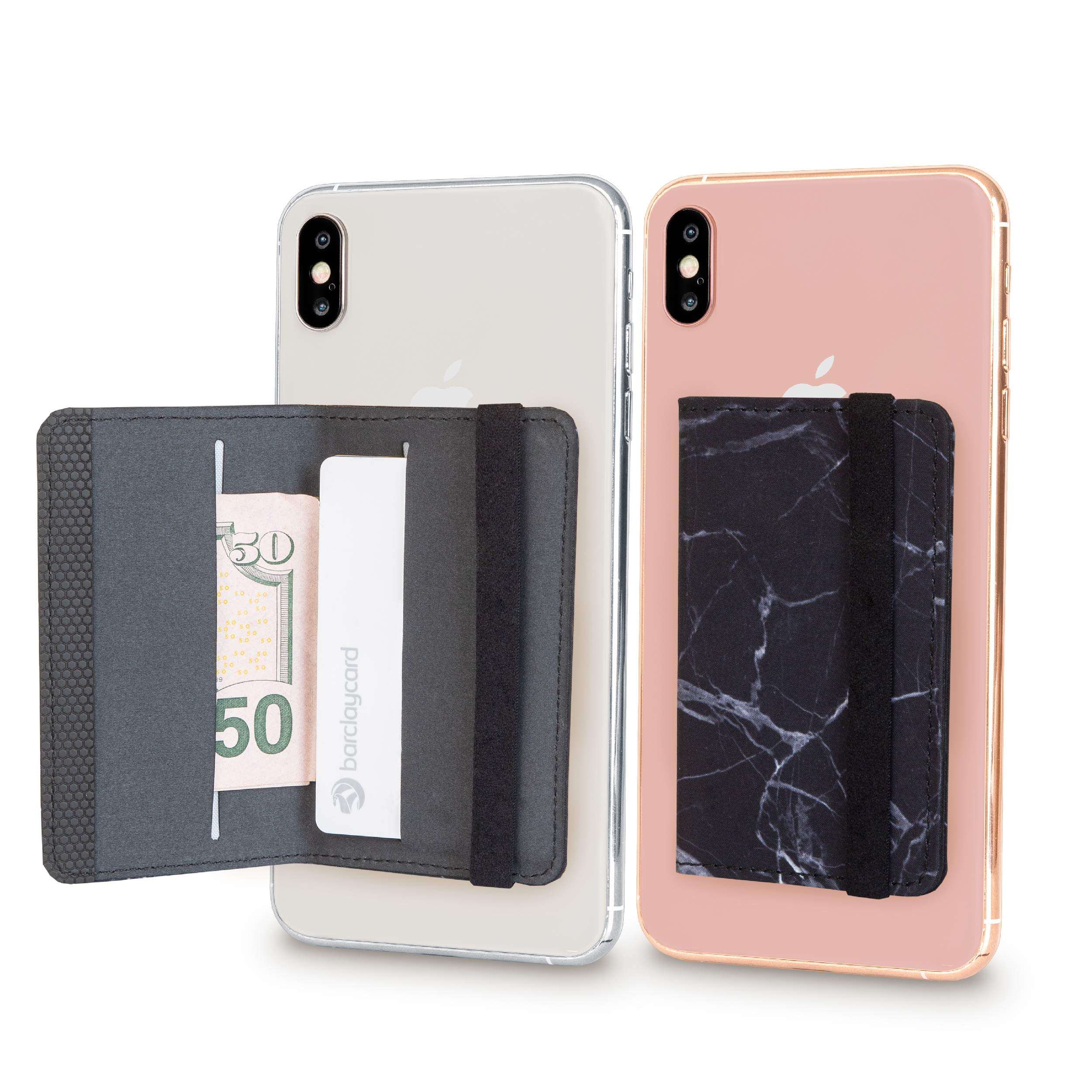 Cell Phone Card Holder Stick on Wallet Phone Pocket for iPhone, Android and All Smartphones with Strap (Black Marble Belt) 1