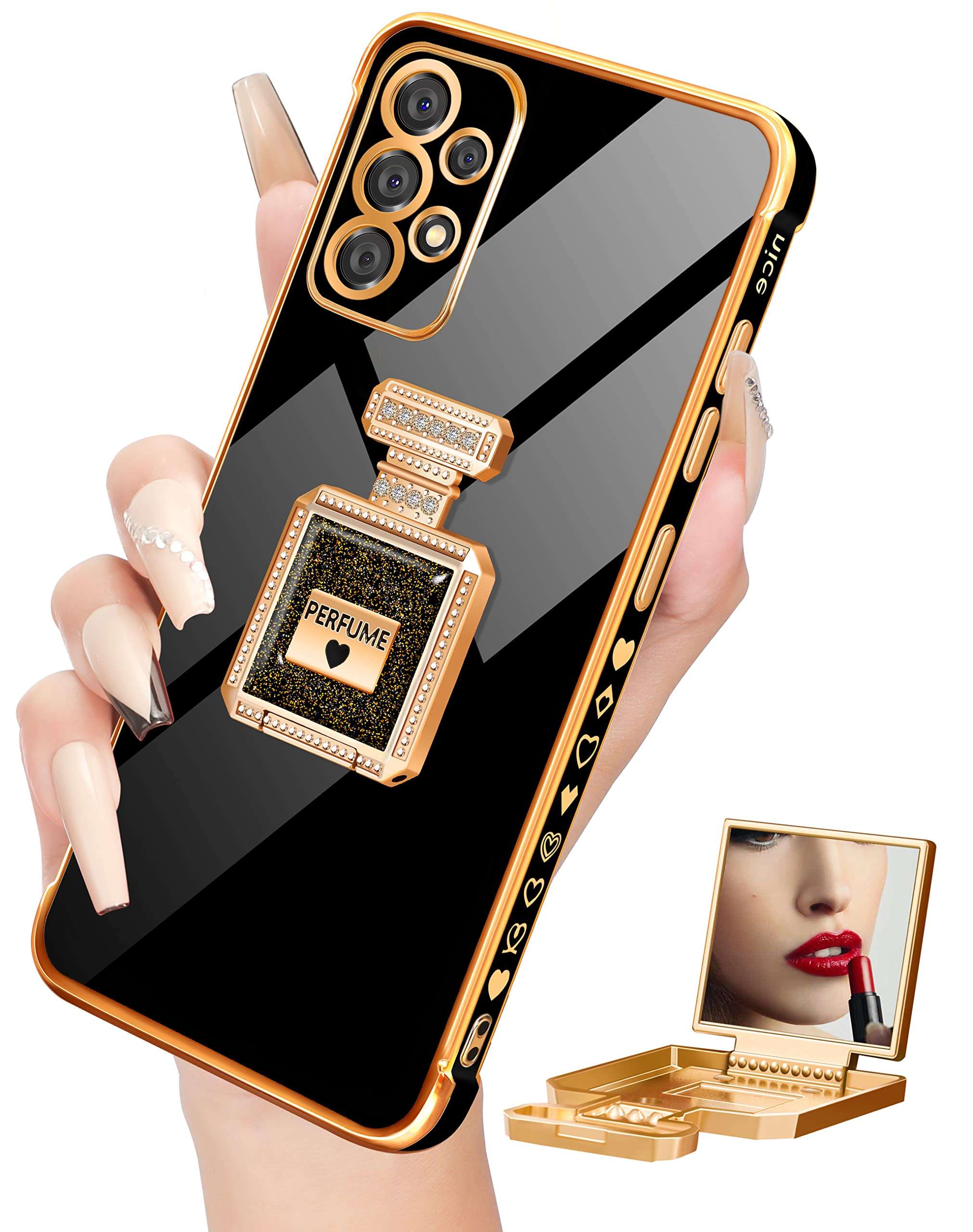 Buleens for Samsung Galaxy A53 5G Case with Cute Metal Perfume Bottle Mirror Stand for Women Girly Heart Cases for Galaxy A53 5G Case, Elegant Luxury Phone Cover for Samsung A53 5G Case 6.5'' Black 1
