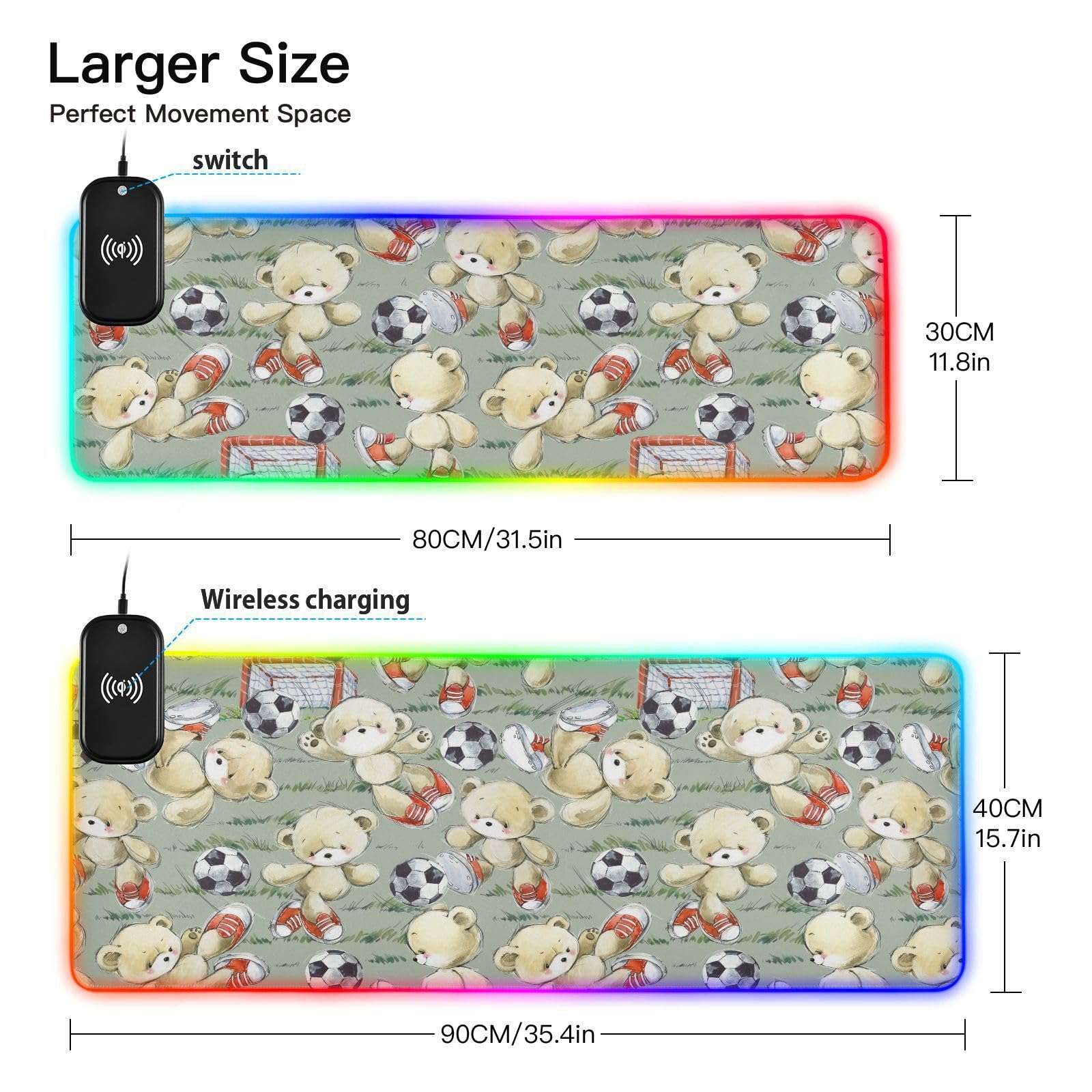 Cutebear Football Wireless Charging Mouse Pad for Mobile Phone Extra Large Gaming Mousepad with 13 Lighting Modes Keyboard Mat for Office Home Gaming MacBook PC Laptop Desk 4