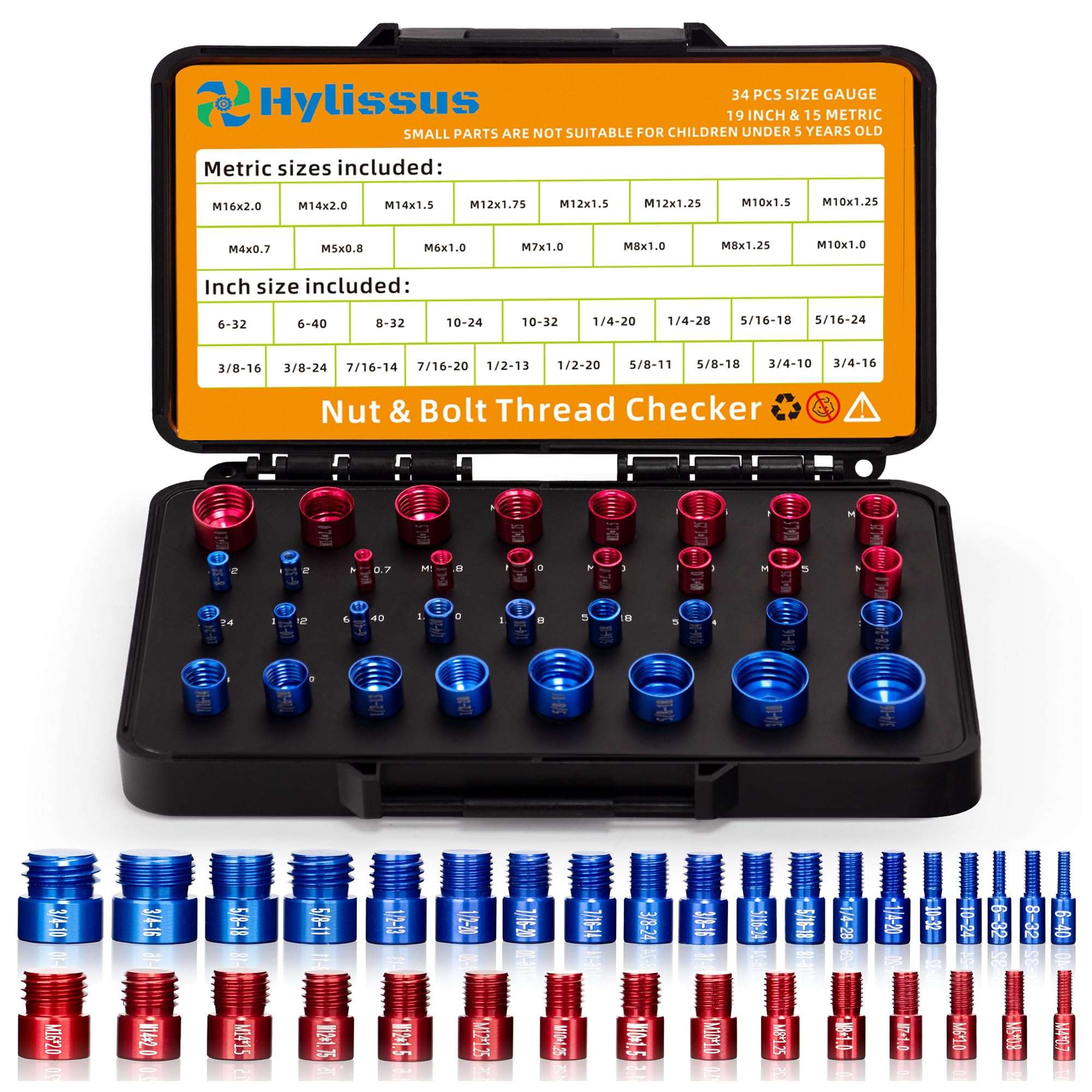 hylissus 34pcs Nut and Bolt Thread Checker Standard and Metric Set Thread Identifier Screw Size Gauge 19 Inch & 15 Metric for Detecting Fixed Bolts or Threaded Holes in Enclosed Areas 1
