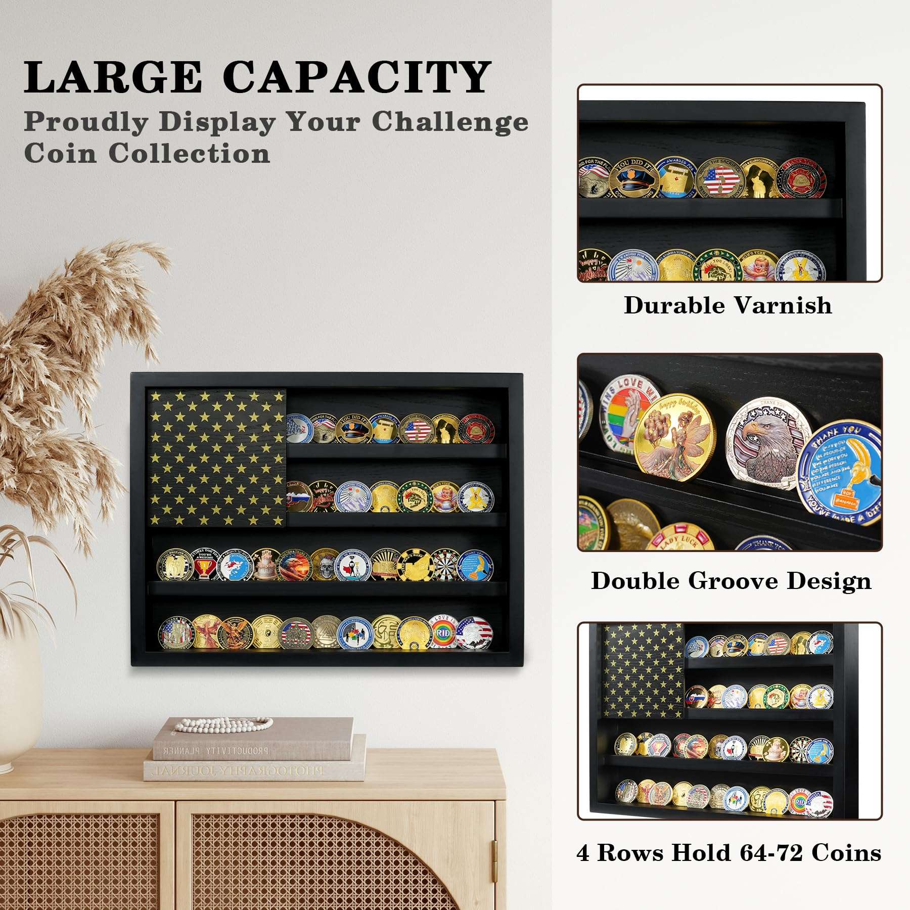 ASmileIndeep Challenge Coin Display Case, 4 Rows Military Coin Holder Display with 2 Groove Shelves Holds 64-73 Coins, Wooden Wall Mounted Coin Display Stand With Magnetic American Flag, Black 3