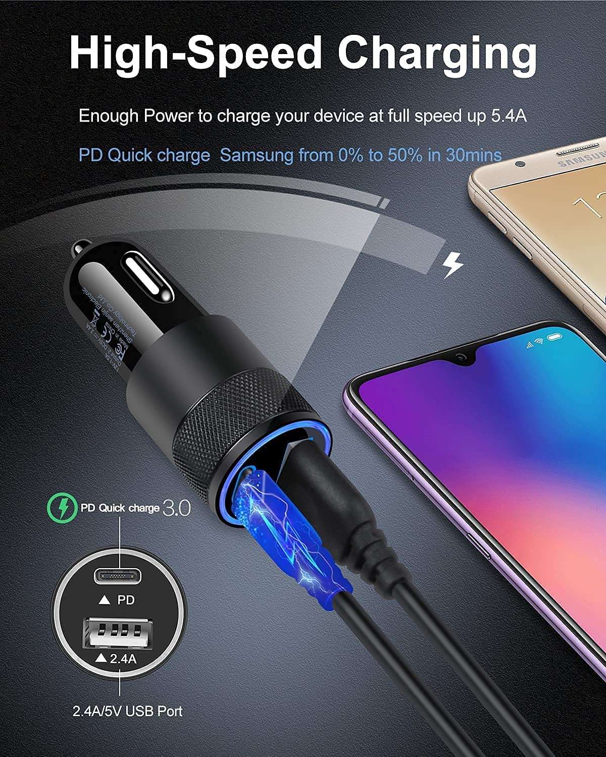 USB C Car Charger, USB Type C Fast Power Charging Block Dual Port USB A & USBC Plug Cargador Carro Lighter Adapter for Compatible 3