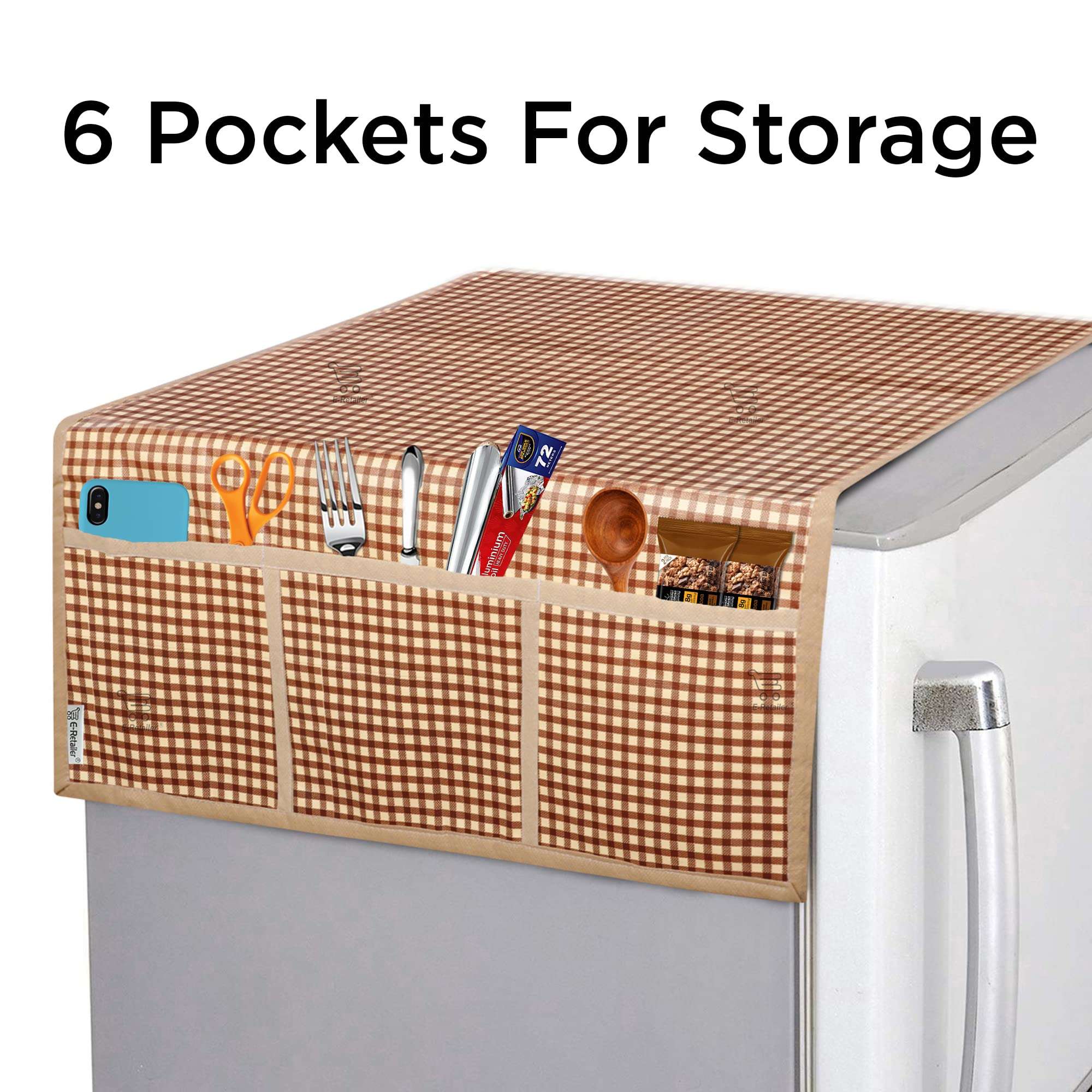 E-Retailer® Exclusive Combo Set of Appliance Cover (1Pc. of Refrigerator Top Cover, 1Pc. Handle Cover, 3Pc. Fridge Mat, 1. Oven Cover, 1Pc Wall Hanging Storage Organizer) (Check Brown, Set of 7Pcs.) 3