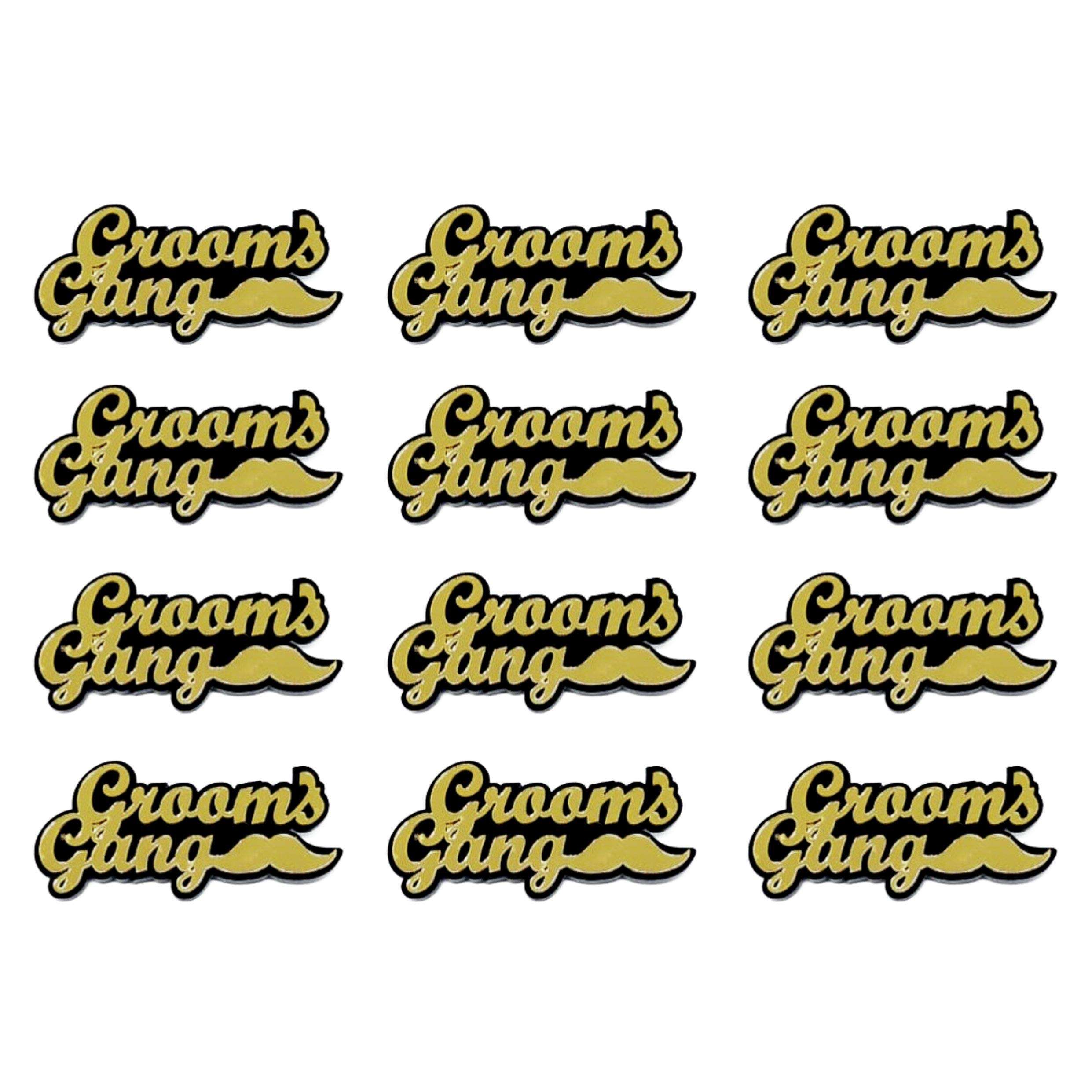 Yey Groom's Gang Acrylic Badges Set of 12 pcs, Black Golden Badges for Bachelor Party, Wedding Functions, Sangeet Parties (Black and Gold) 1