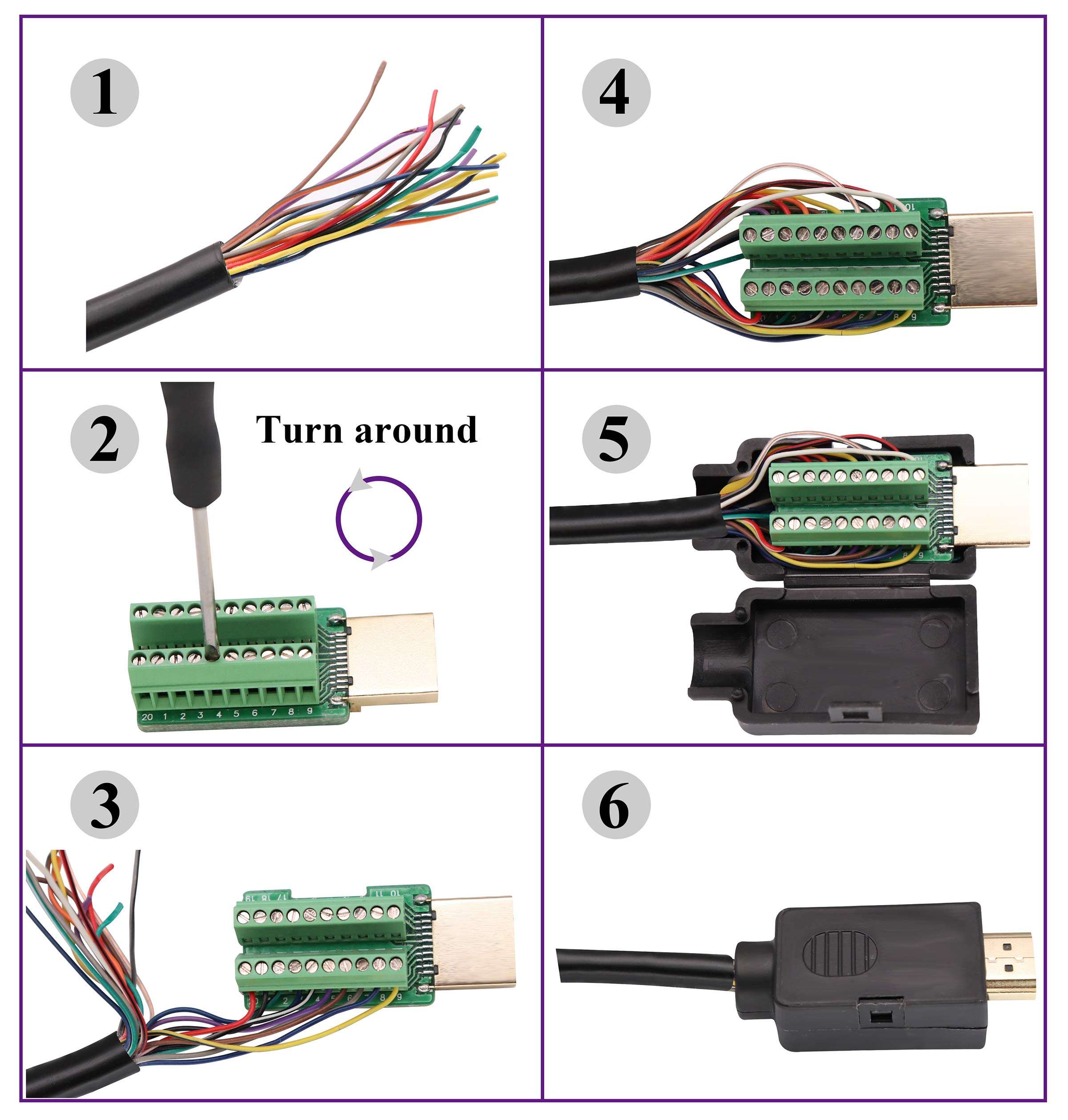 AAOTOKK HDMI Screw Terminal Block Adapter Gold Plated HDMI Male to 20 Pin/Way Female Solderless Terminal Breakout Board Connector Signal Module with case (2Pcak/Male) 6