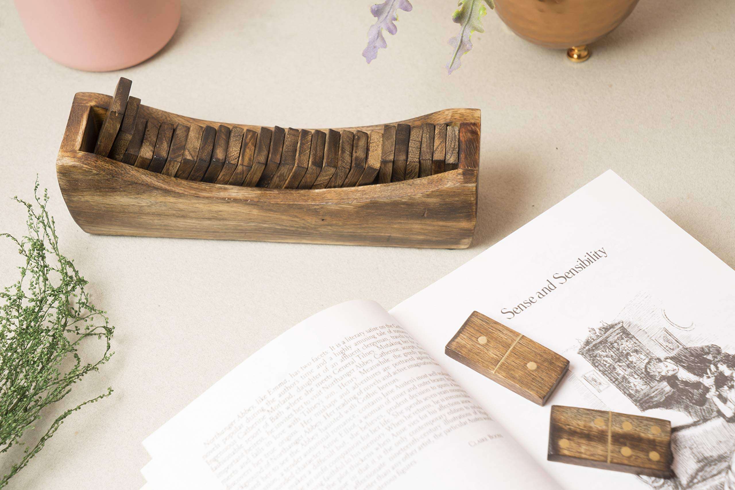 GoCraft Wooden Dominoes Set with Brass Inlaid Tray | Double Six Professional Size Dominoes Set with Decorative Wooden Storage Box 4