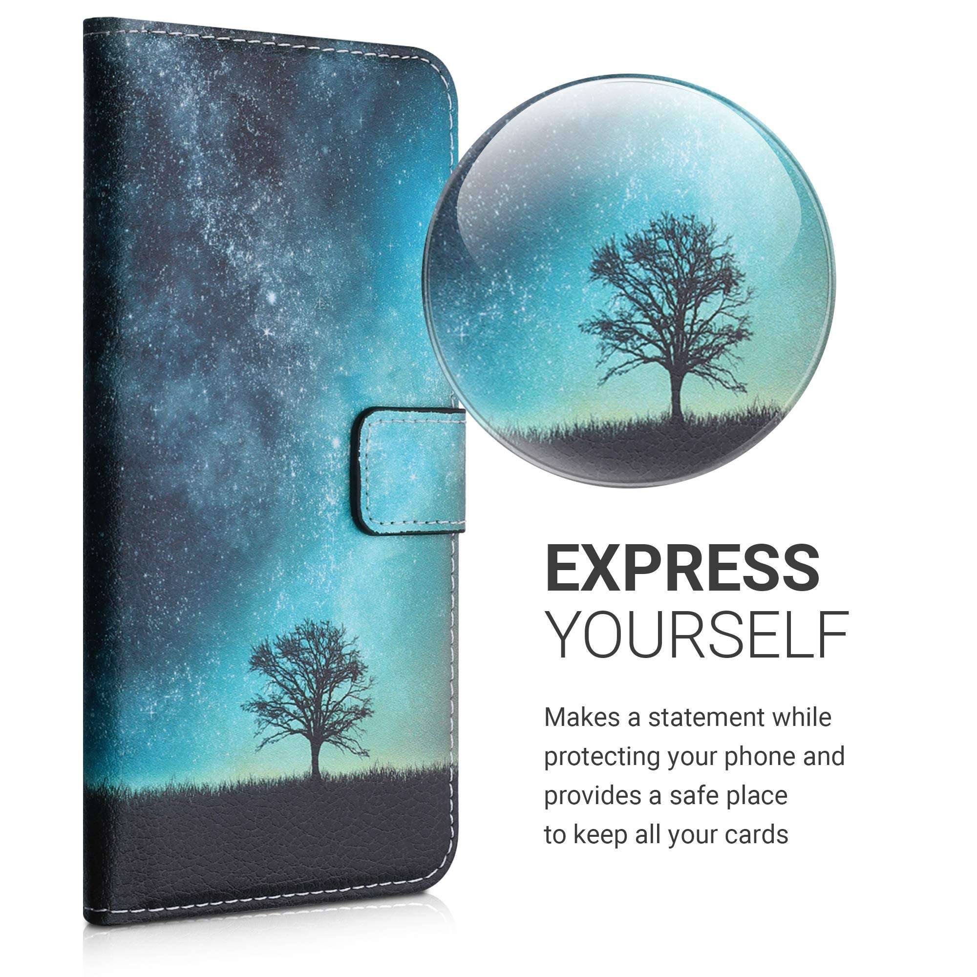 kwmobile Wallet Case Compatible with Xiaomi Redmi 9A - Case Faux Leather Cover - Cosmic Nature Blue/Grey/Black 2