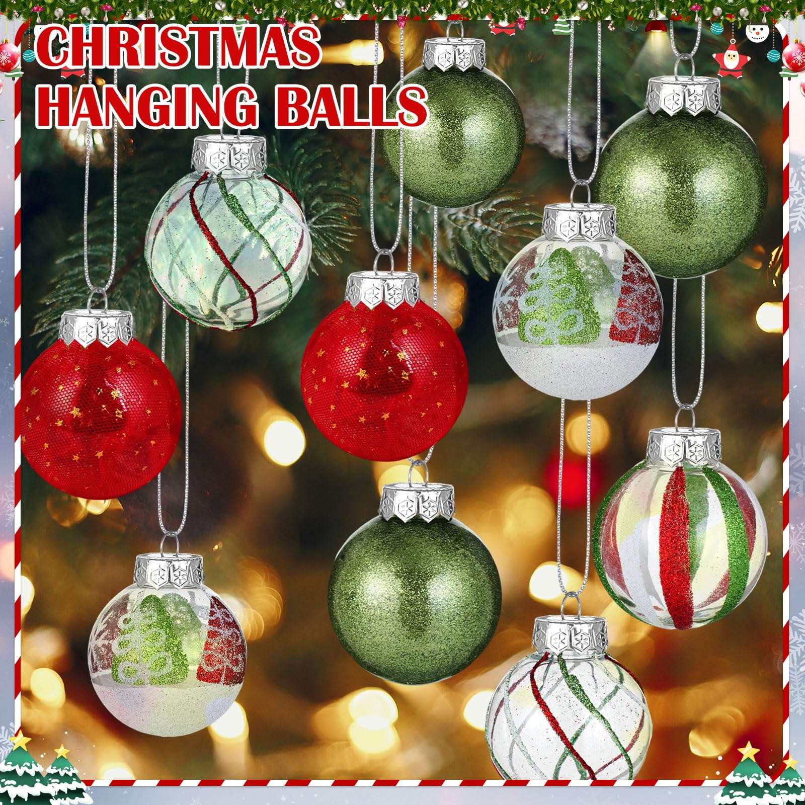 Realspring 60 Pcs 2.4" Christmas Balls Ornaments Bulk, 2024 Red Green and White Ornaments for Christmas Tree Decorations Glittery Plastic Shatterproof Hanging Balls for Xmas Home Party Decor 5