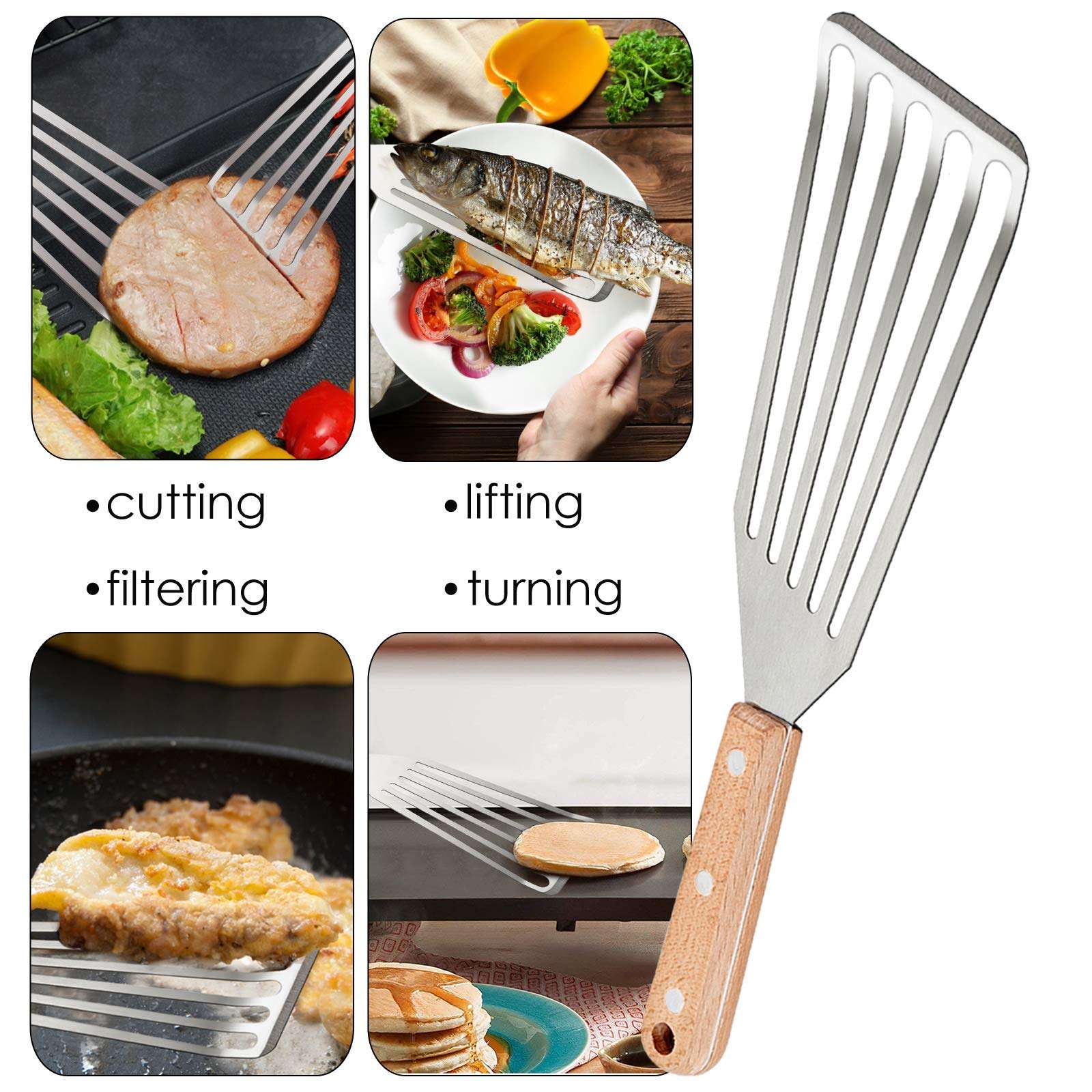 Fish Spatula Set of 2, HaSteeL Stainless Steel Slotted Spatula Turner with Riveted Wooden Handle, Professional Metal Spatulas Great for Kitchen Cooking Flipping Frying & Grilling, 2 x Hooks 5