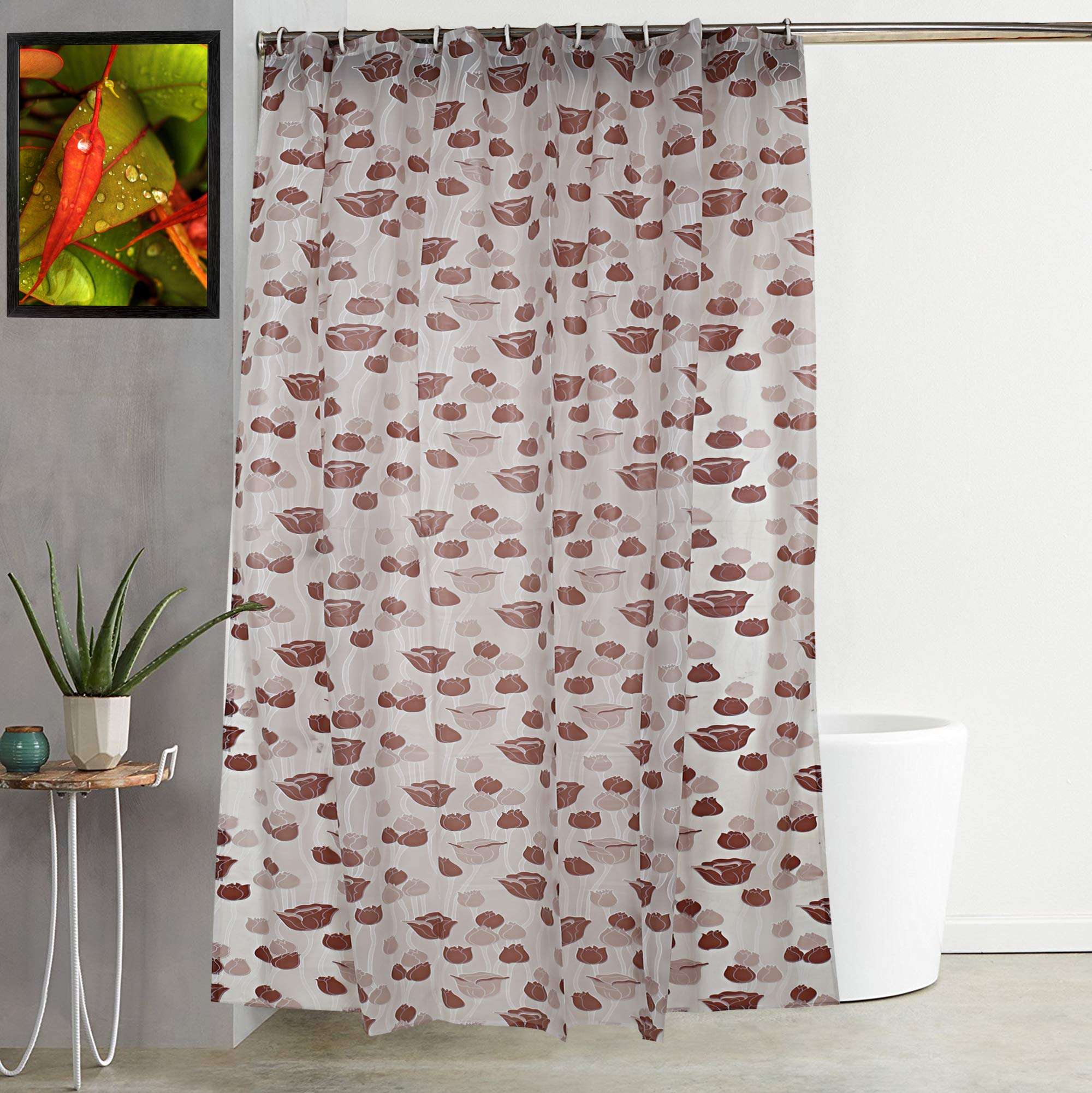 Heart Home PVC 7 Feet Shower Curtain with 8 Hooks (Brown)- CTHH431