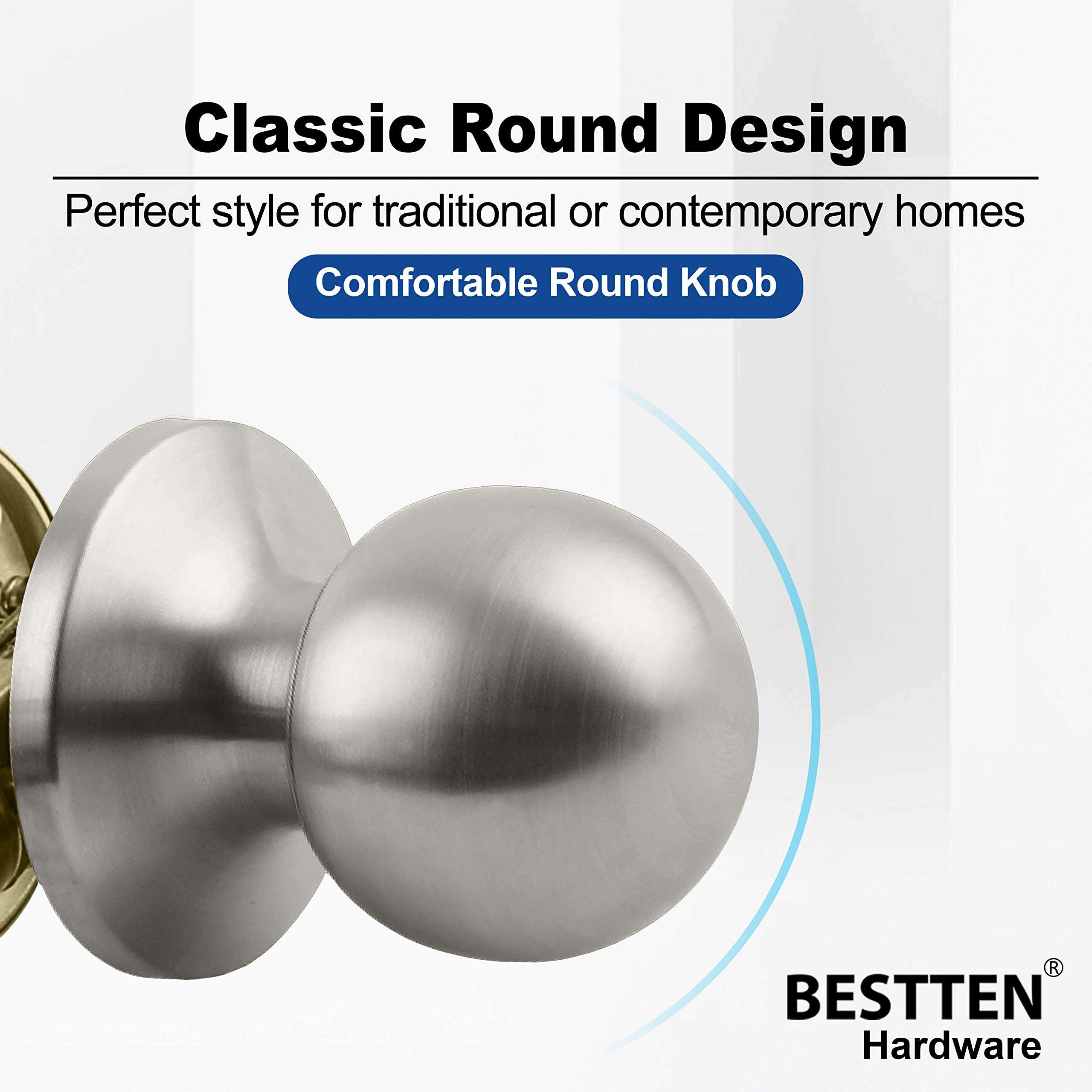 BESTTEN Passage Door Knob Set with Nonlocking, Removable Latch Plate, Interior Ball Door Knob for Hallway and Closet, All Metal, Satin Nickel Finish 5