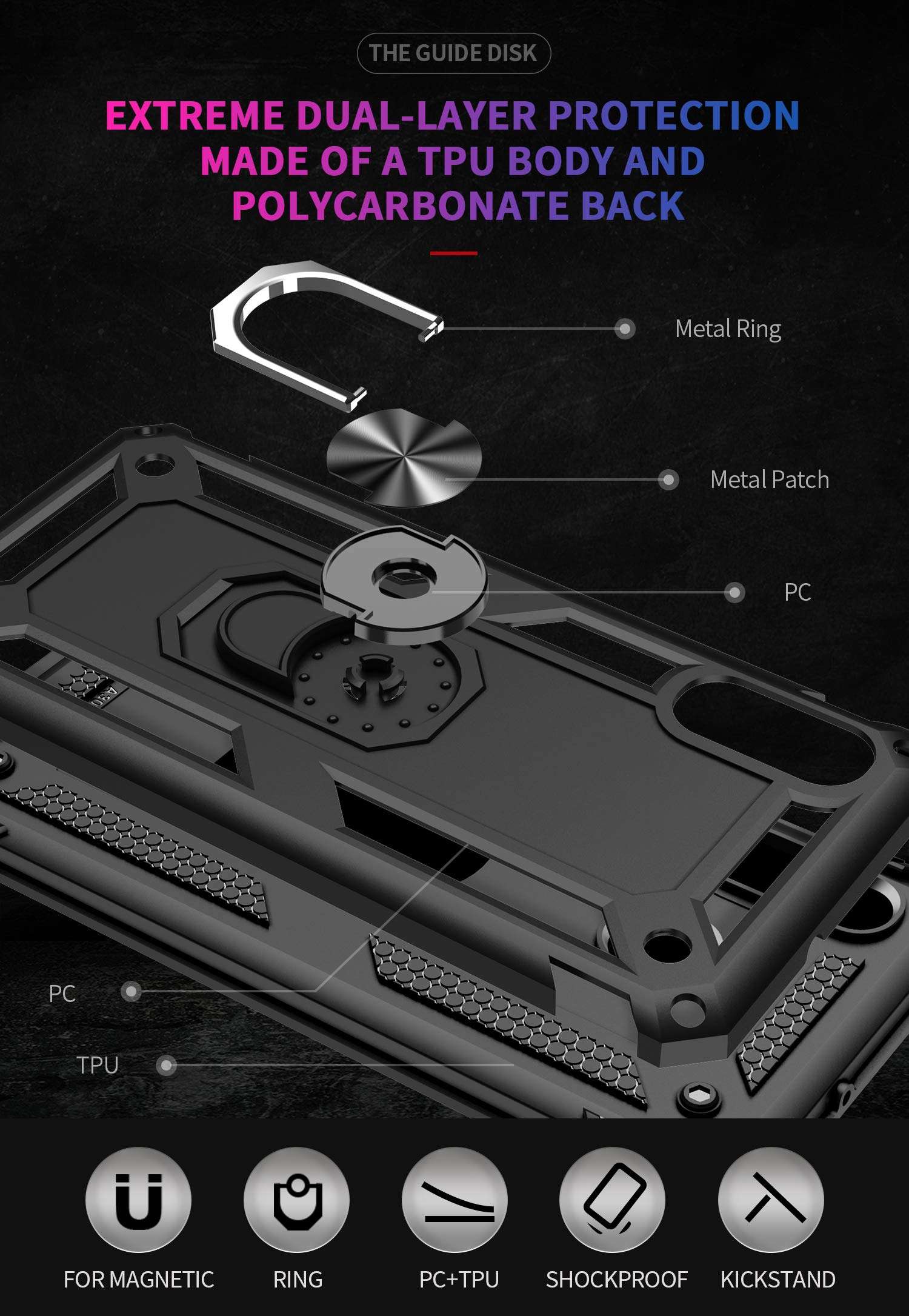 Samsung Galaxy A10e Case (Not fit A10 or A10s) with Tempered Glass Screen Protectors, Androgate Military-Grade Metal Ring Kickstand 15ft Drop Tested Shockproof Cover Case for Samsung Galaxy A10e Black 6