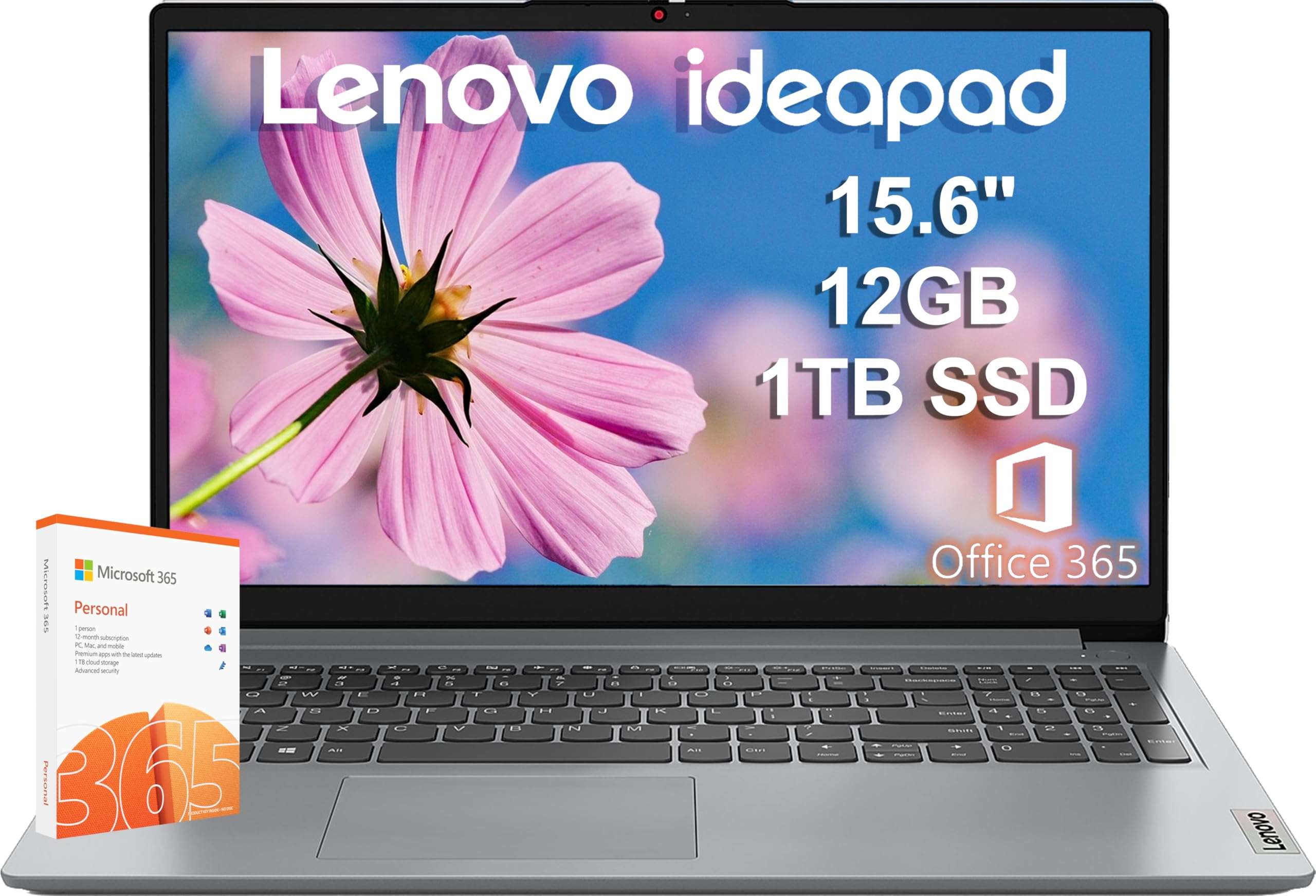 Lenovo IdeaPad 15.6" HD Laptop (12GB RAM,1TB PCIe SSD, 1-Year Microsoft Office 365, Intel Celeron N4500) for Students, Home, Business, Numeric Keypad, Webcam, HDMI, Wi-Fi 6, Win 11 Home in S Mode