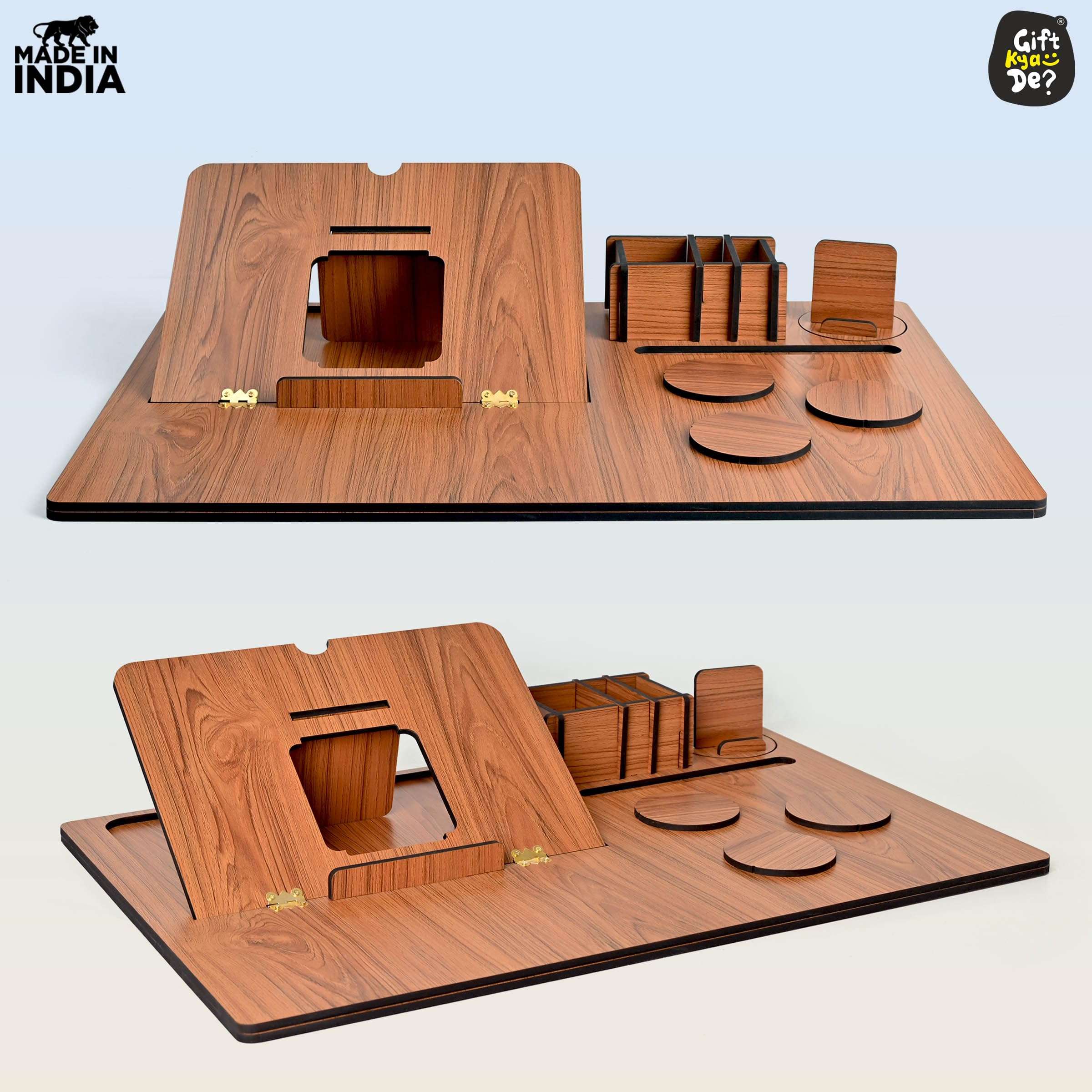 GKD Lapdesks Premium All-in-one Table top for Laptop Stand with Cooling pad Keyboard and Mouse pad Mobile Stand Stationary Desk Organizers and Coaster Set (All in One - Dark Wood) 5