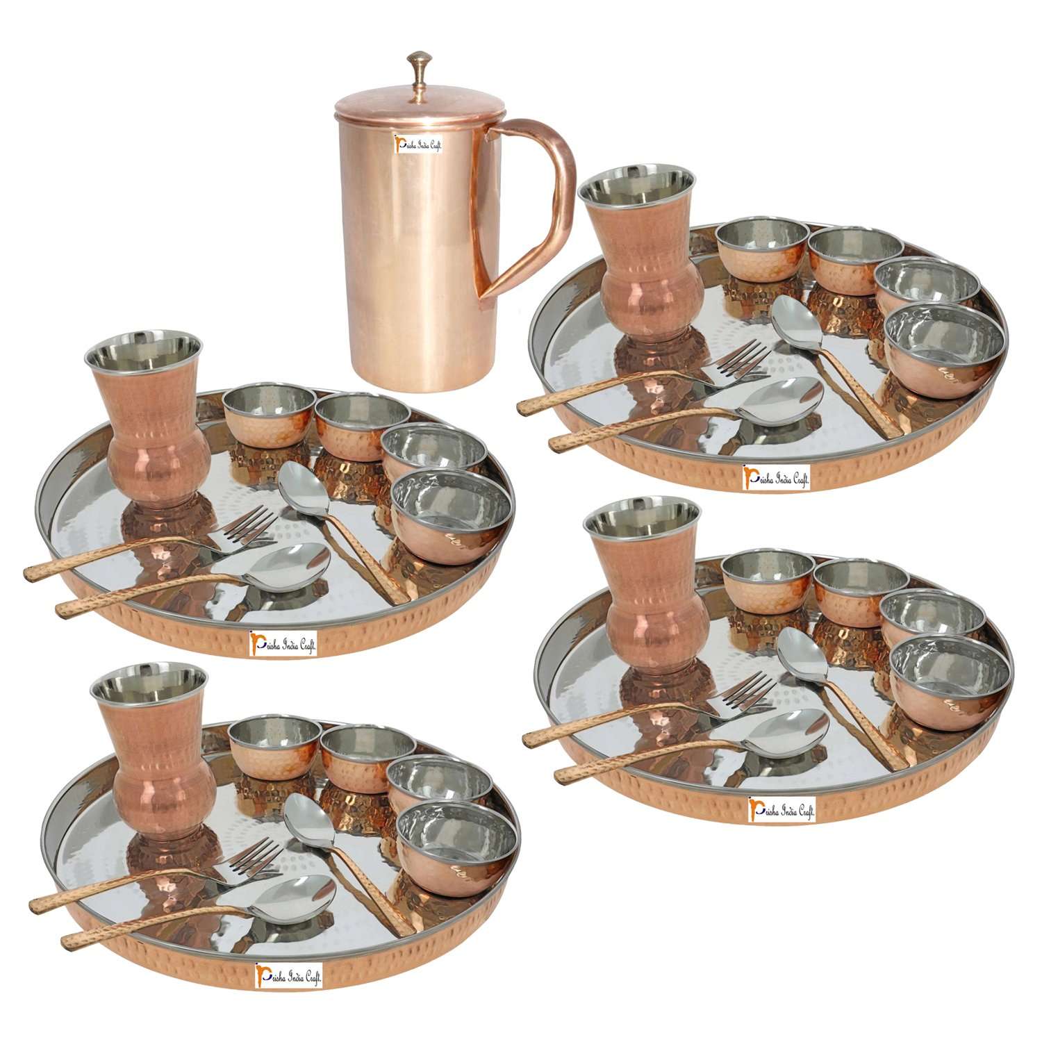 Prisha India Craft Copper Stainless Steel Large Dinner Plate Thali Set Dinnerware - Copper Dinner Set Online India - 4 Thali Set, 1 Jug 1