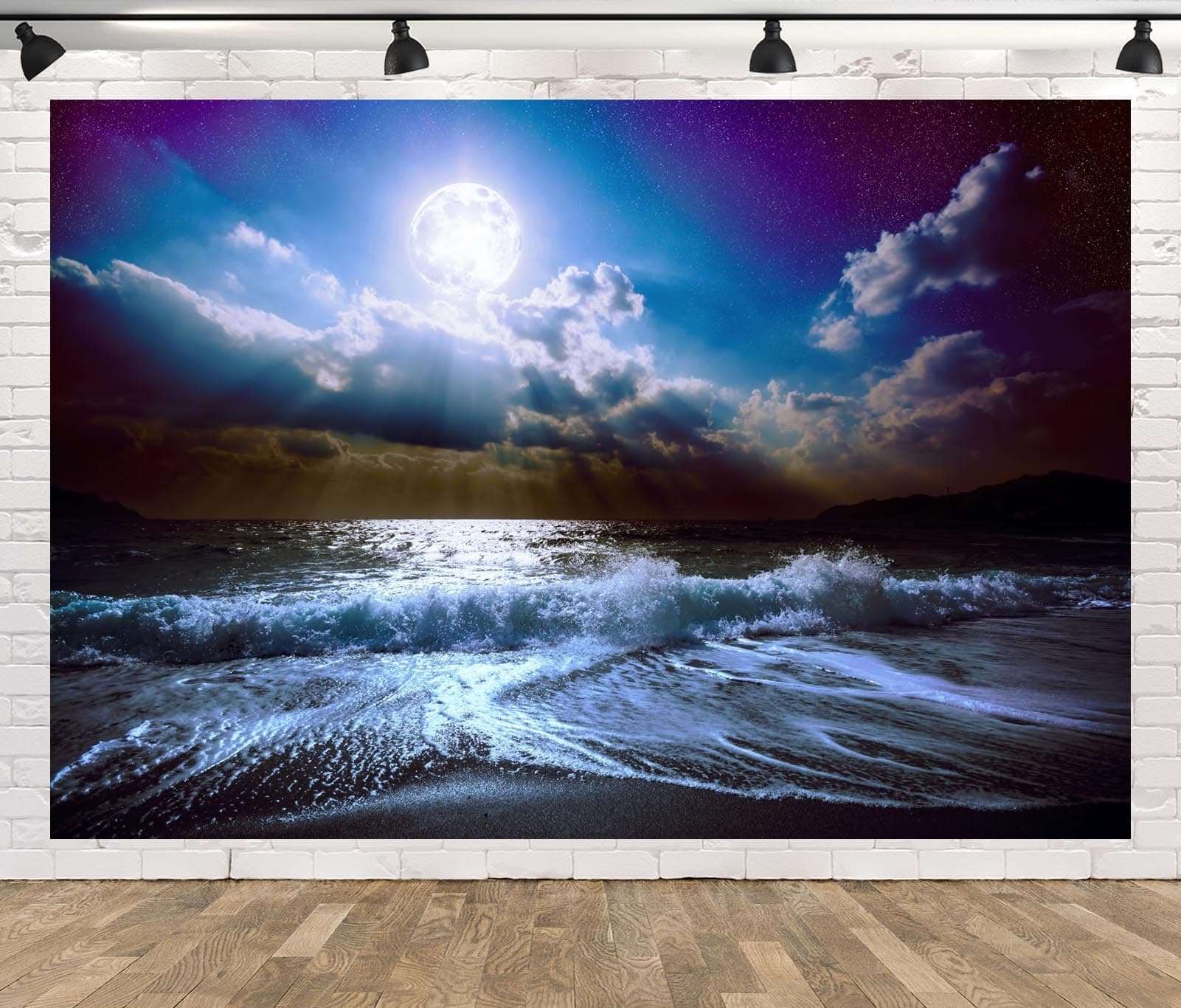 CORFOTO 17x10ft Moon Night Sea Wave Backdrop Beach Moon Night Photography Backdrop Seaside Night Sky Scenery Backdrop Art Portrait Photoshoot Bedroom Wall Decor Prop 5