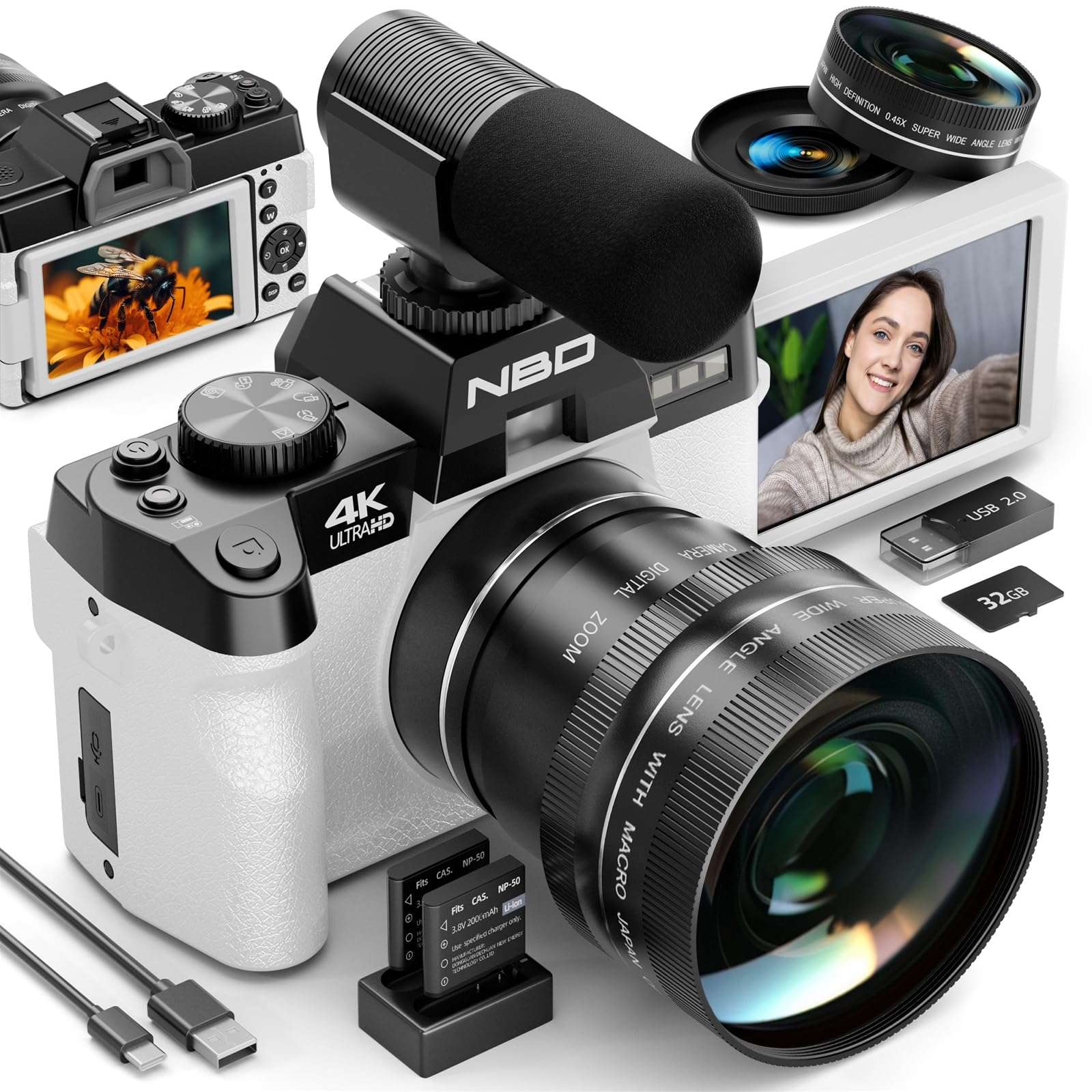 Digital Cameras for Photography,4K Vlogging Cameras for YouTube,Travel Point and Shoot Digital Cameras Fotograficas with 180°Flip Screen,16X Digital Zoom,52mm Macro Lens,2 Batteries（White） 1