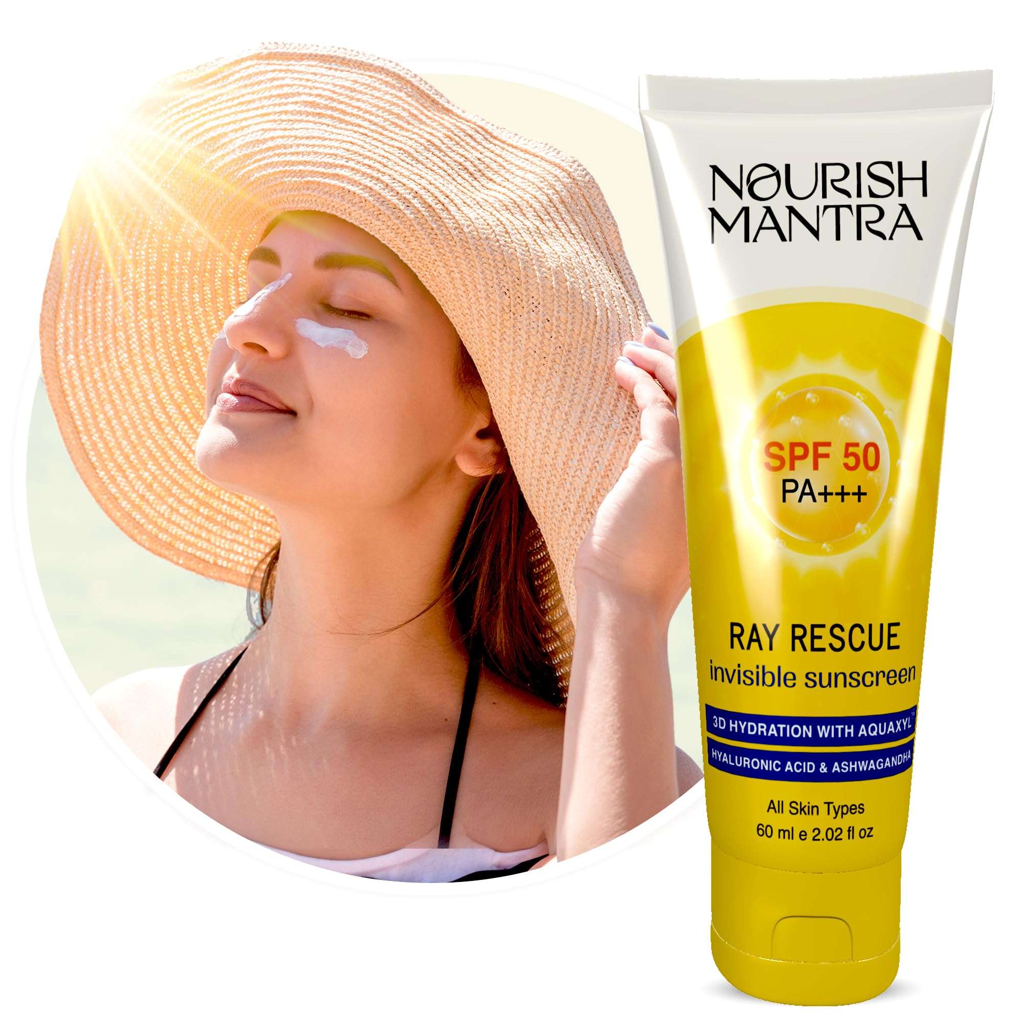 NOURISH MANTRA Ray Rescue Sunscreen/Sunscreen SPF 50/ With Hyaluronic Acid, Aquaxyl, Aloe Vera Extracts & Ashwagandha Extracts/No White Cast, (60 ml (Pack of 1))