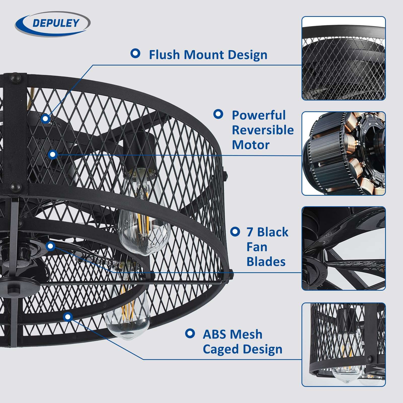 Depuley Small Ceiling Fan with Lights: Low Profile Ceiling Fan Reversible 20" - Industrial Caged Flush Mount Ceiling Fans Light fixture 6 Speeds for Kitchen Bedroom Black E26 Base Bulbs Included 5
