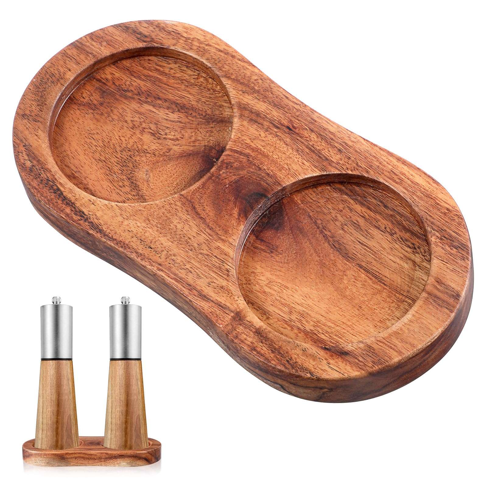 Molain Salt and Pepper Mill Tray, Acacia Wood Tray, Pepper Mill Holder & Rest, Inner Dia 2.28 Inch Fit Many Mills & Shakers, Salt & Pepper Grinder Accessories, Kitchen Storage Holder 1