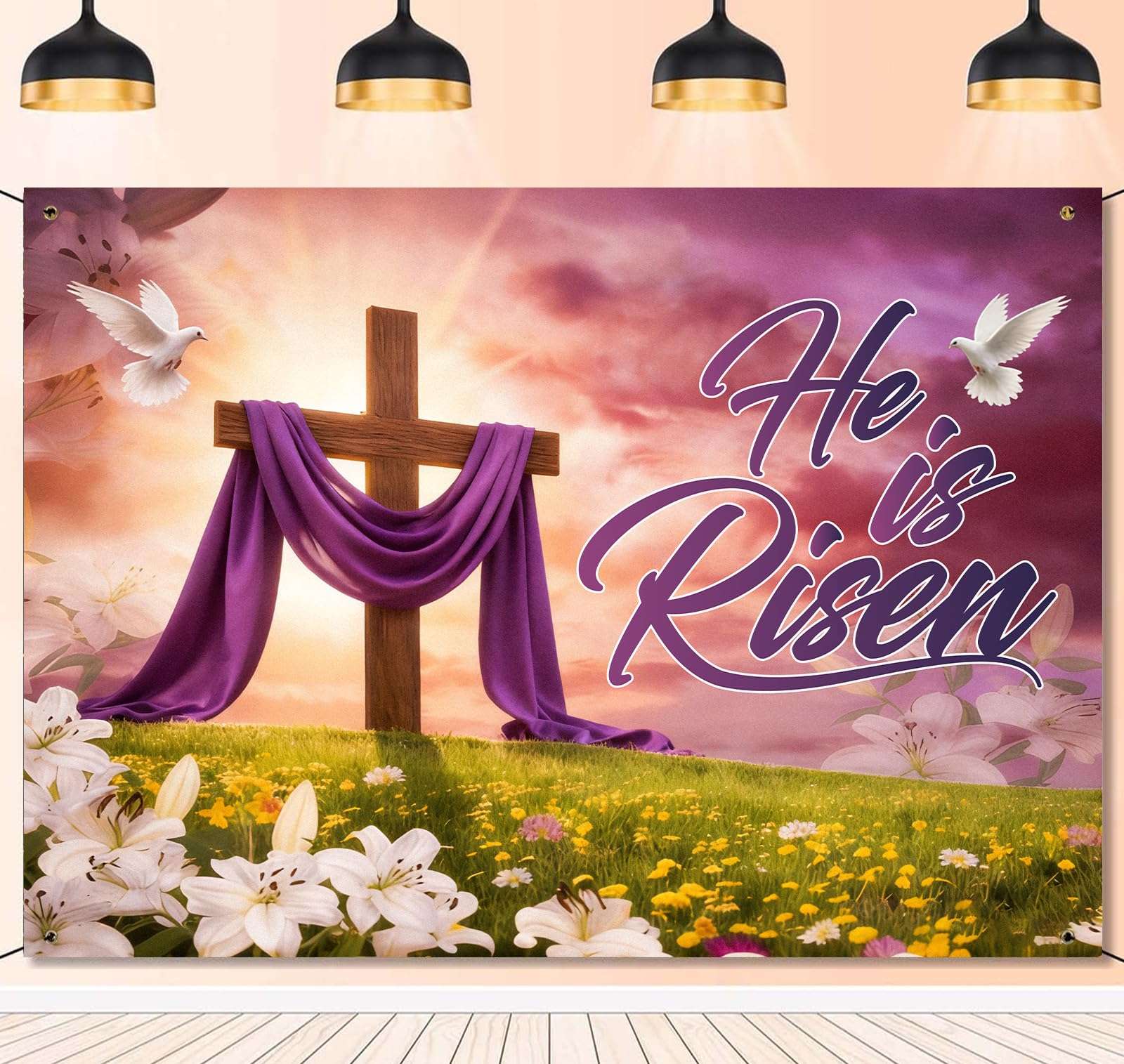 7x5ft Easter Backdrop He is Risen - Christian Religious Photography Background for Church, Sunday School, Easter Photo Booth Decor with Cross, Lilies and Dove 1