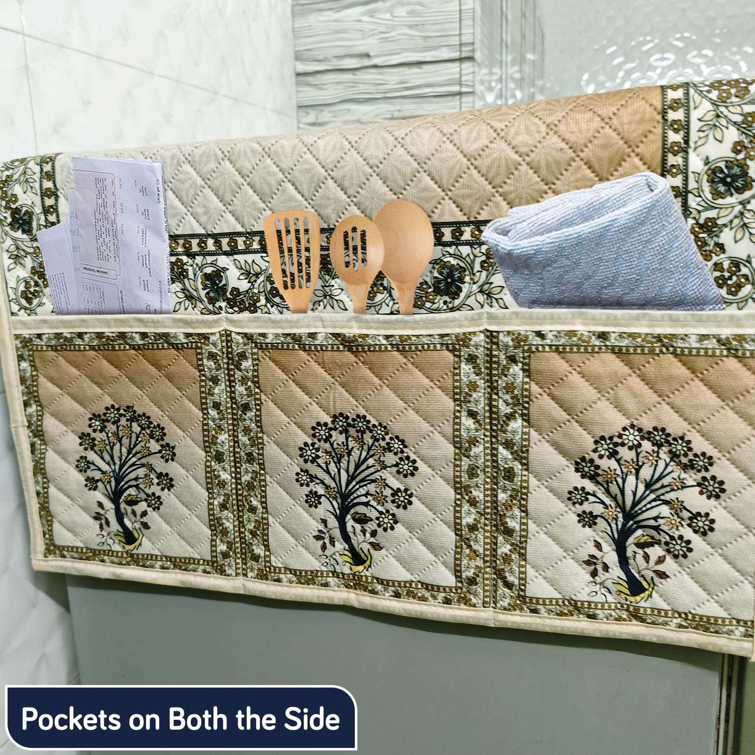 HOKIPO 'Eternal Floral' Printed Quilted Fridge Cover Top with side Pockets, Size 55 x 130 cm, Ornate Tree (IN-841-D5) 4