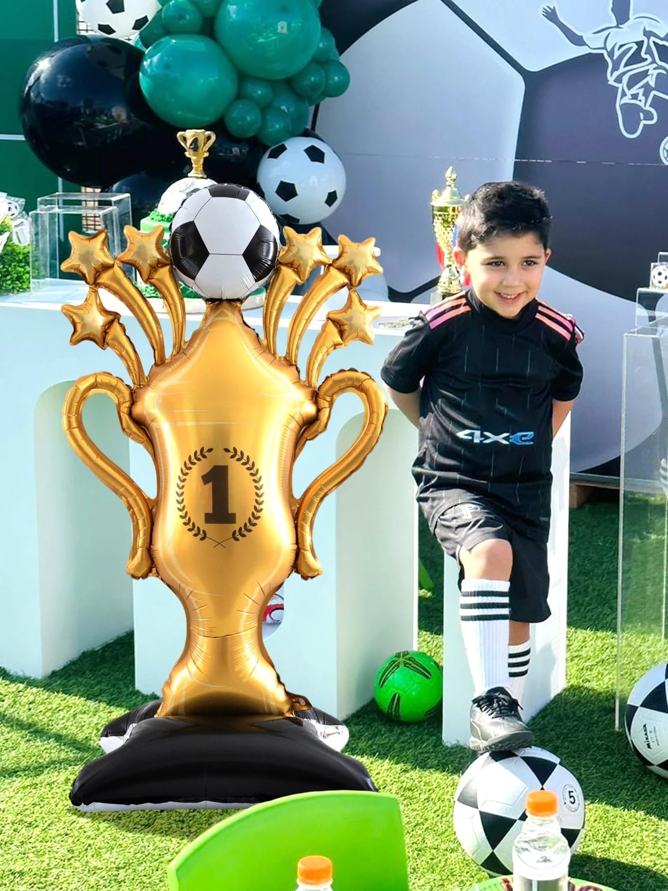 Atpata Funky 5 Feet Football Trophy Shape Self Standing Foil Balloon with Balloon Base – Giant Gold Champion Cup Balloon for Football Lovers Birthday, Match Day, Sports Event & Turf Party