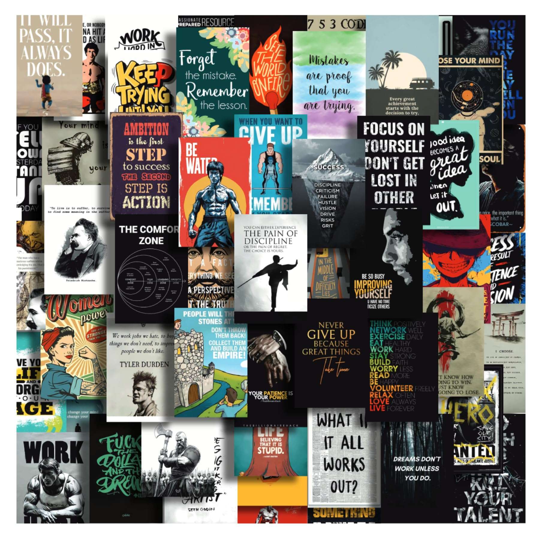 Moment Prints Set of 54 Motivational Inspirational Wall Collage Kit Posters - 4x6 Inches, Matte Finish, Double-Side Tape, Cardstock Included - Perfect for Office, Gym, Study Room Decoration 1