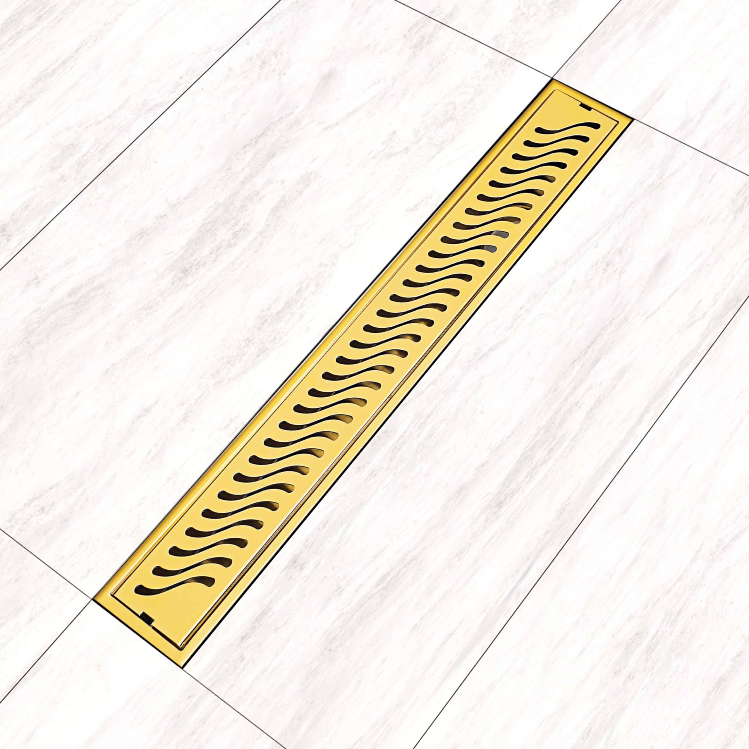 SANJAY CHILLY Wave Shower Channel Drain Cover Stainless Steel 304 Grade Floor Drainer Strainer with Cockroach Trap & Collar Colour Collection (Side Hole - Pure Gold - 24x4 INCH) 1