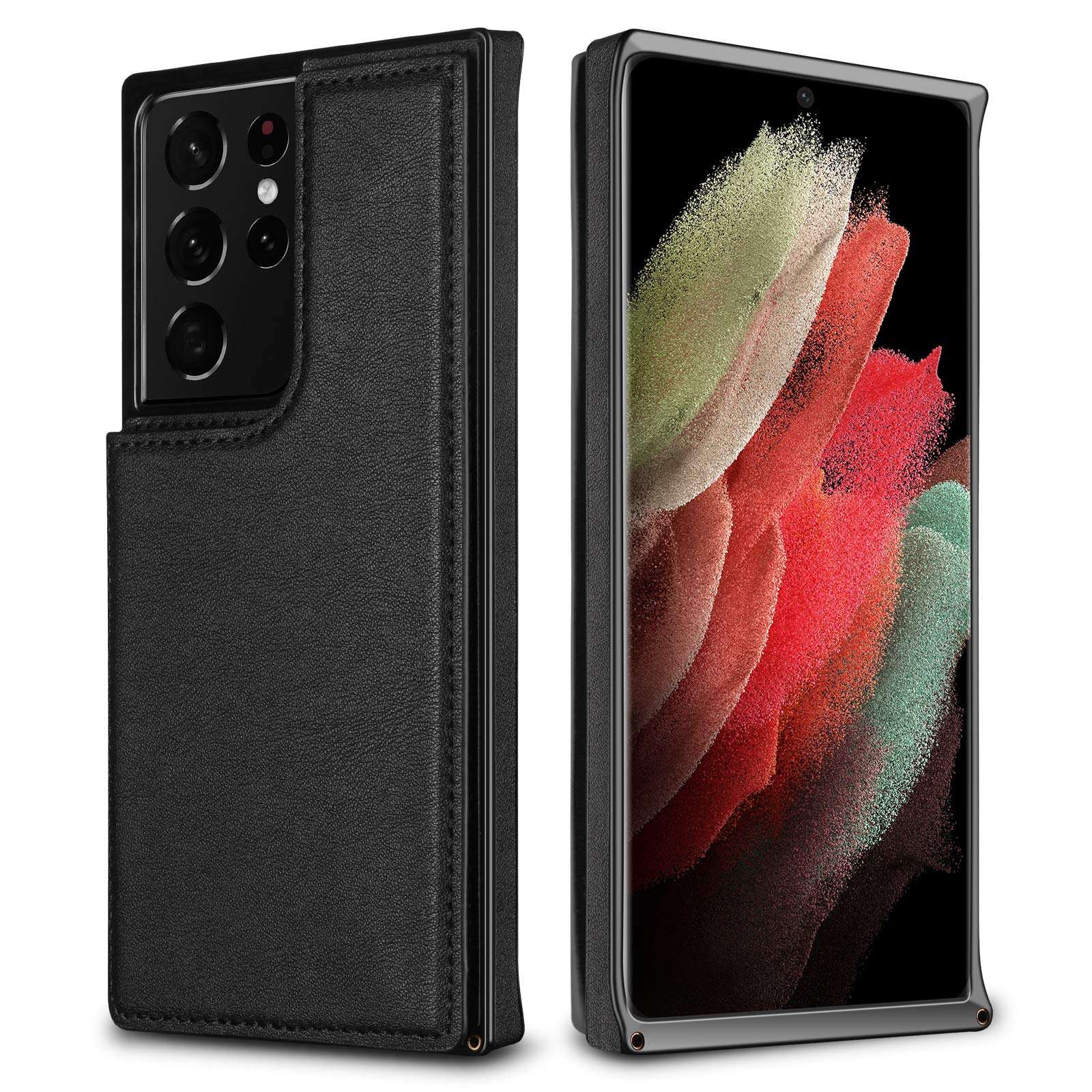 HianDier Compatible with Samsung Galaxy S21 Ultra Wallet Case 5G 6.8 Inch Slim Protective Case Credit Card Slot Holder Flip Folio Soft PU Leather Magnetic Closure Kickstand Square Cover, Black 5