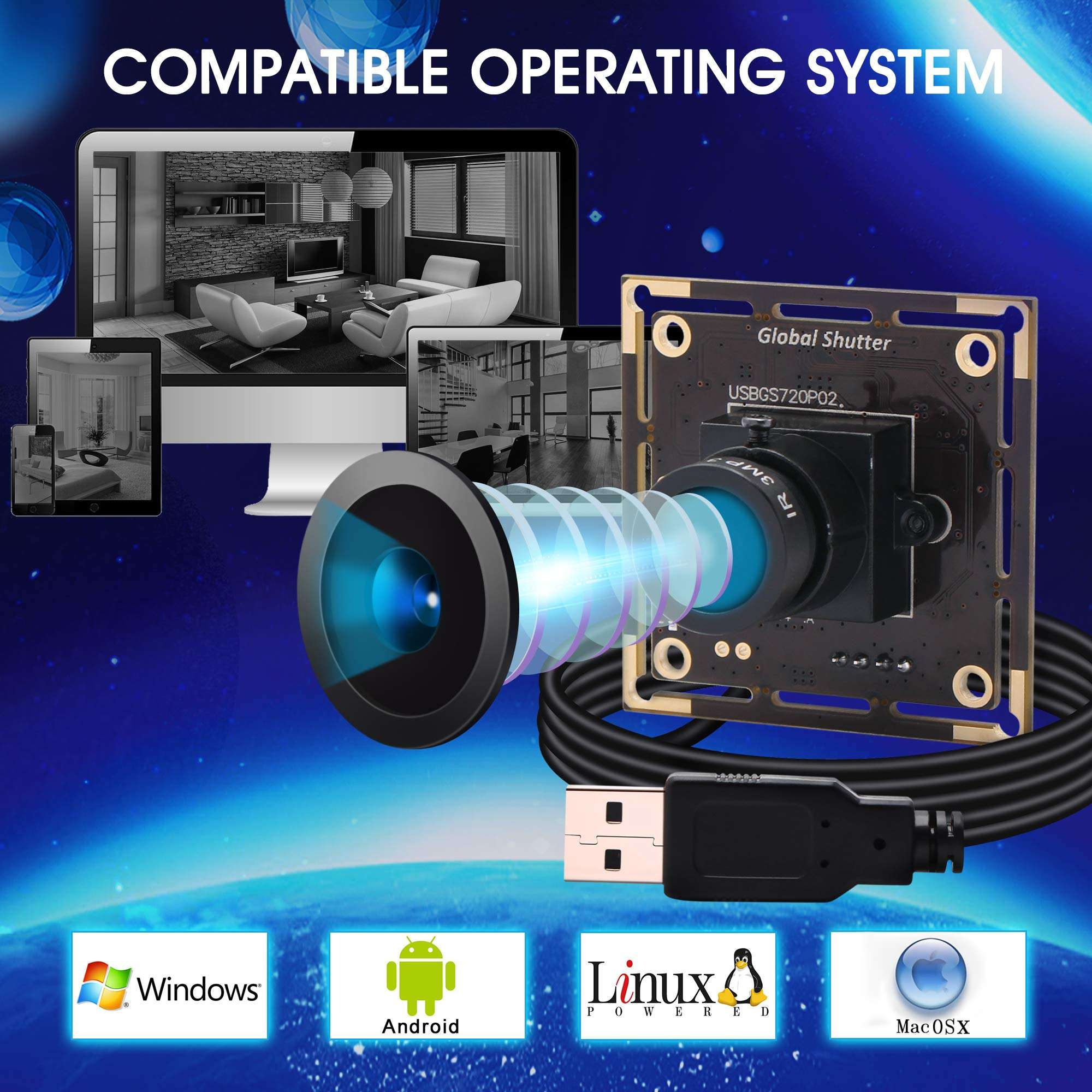 Global Shutter USB Camera Module Wide Angle 720P 60FPS USB Webcam Board for Computer Mini UVC USB2.0 PC Camera High Speed USB with Camera HD Video Industrial Lightburn Camera for Laptop Jetson Nano 4