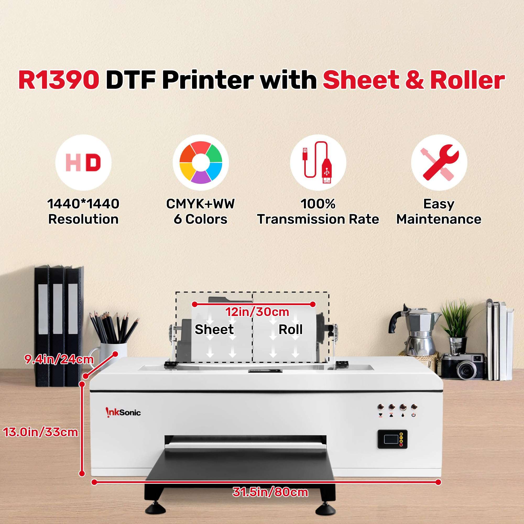 RocRow InkSonic A3 DTF Printer, R1390 DTF Transfer Machine, 13'' Print Width for Custom Garment Printing, Multi-Material Compatible, Direct to Film, White Ink Circulation System & Auto Clean, 3