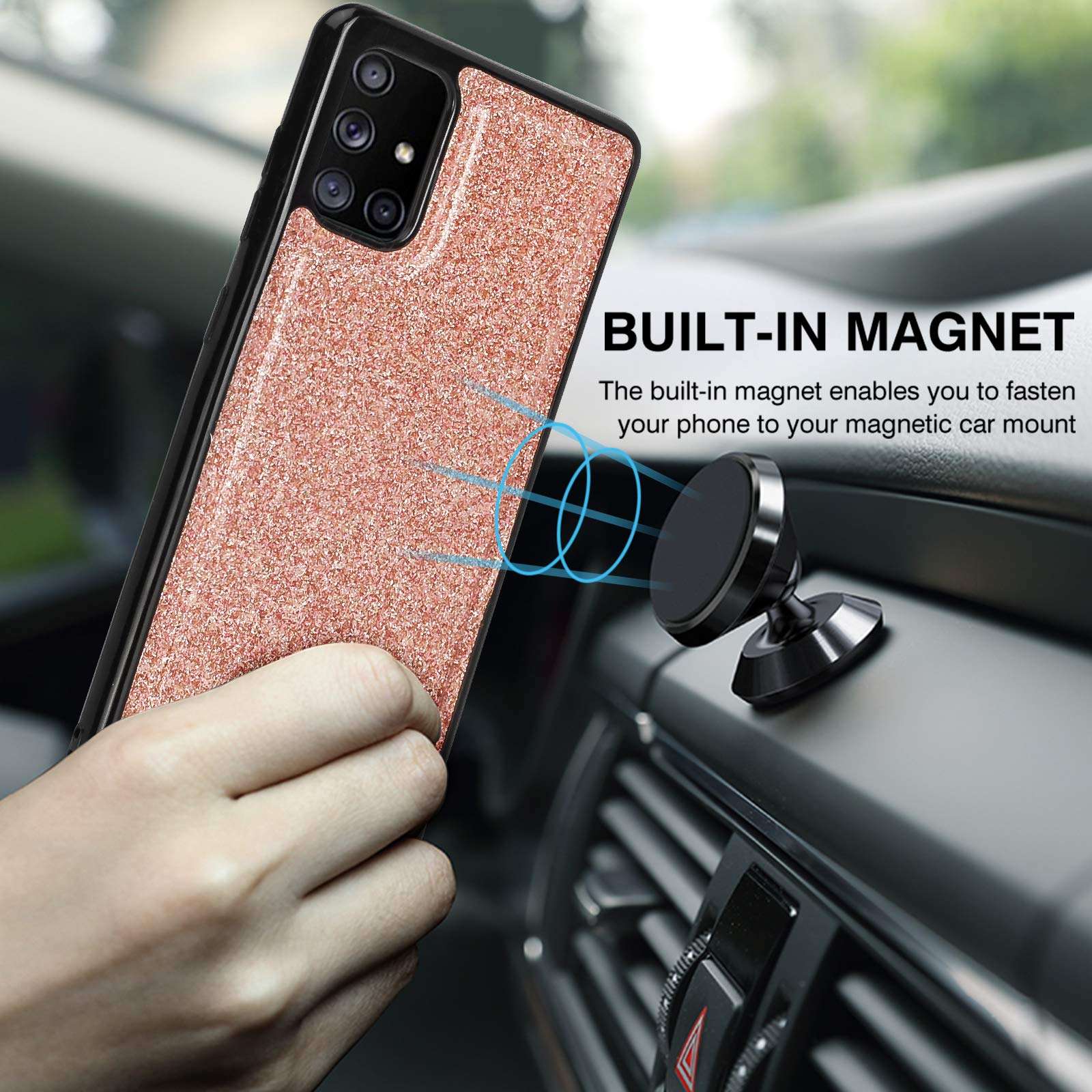 Newseego Compatible with Samsung Galaxy A71 (4G) Leather Case,Glitter Faux PU Leather Magnetic Closure Multi-Credit Card Slot Cash Holder Detachable 2 in 1 Wallet Cover with Wrist Strap-Rose Gold 4