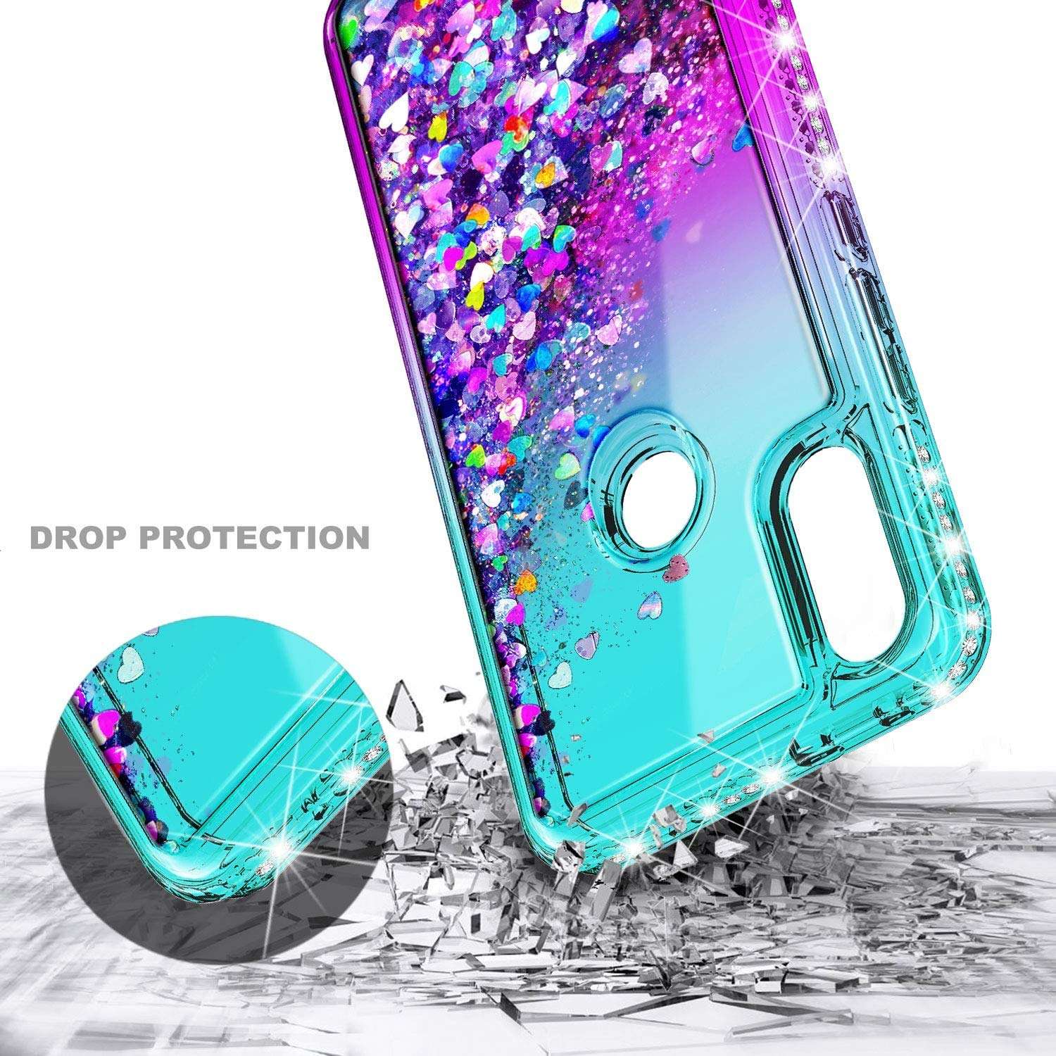 E-Began Case for Alcatel 3V (5032W) with Tempered Glass Screen Protector (Full Coverage), Glitter Liquid Floating Gradient Sparkling Bling Diamond, Durable Girls Women Cute Case -Aqua/Purple 3