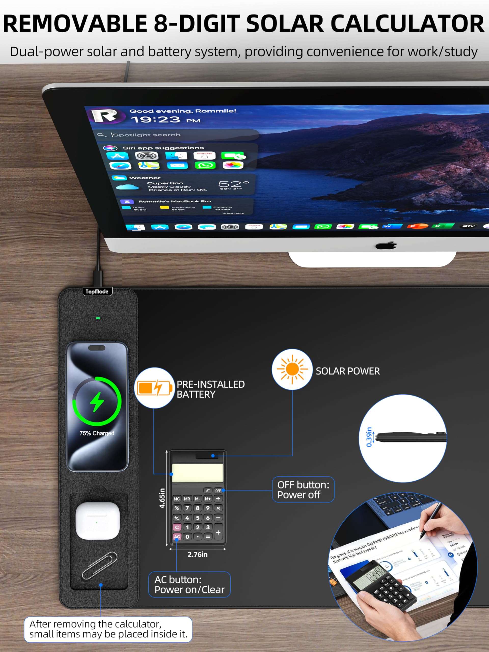 TopMade Mouse Pad with 15W Wireless Charging, Removable 8-Digit Solar Calculator, Exact Large Desk Pad, Waterproof Mousepad Home Office Desk Mat (Includes 20W PD Power Adapter & 6.56ft Woven Cable) 5