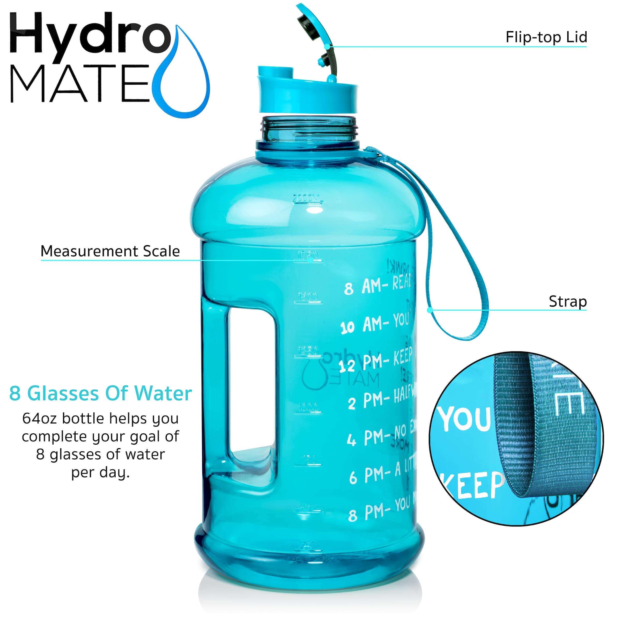 NatureWorks HydroMATE Half Gallon Water Bottle with Times to Drink BPA Free Leak Proof Reusable Jug with Handle 64 oz 5