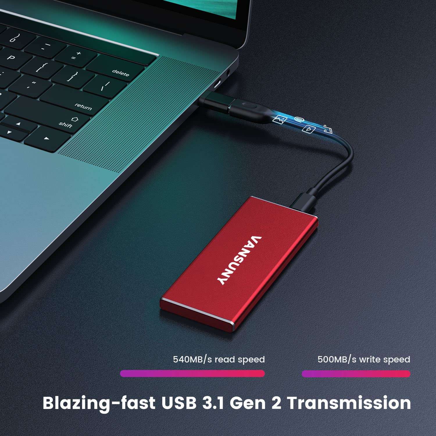 Vansuny 1TB Portable External SSD, USB 3.1 Gen2 540MB/s High-Speed Data ssd External Hard Drive USB C, Metal Mini Portable External Solid State Drive, Red 3