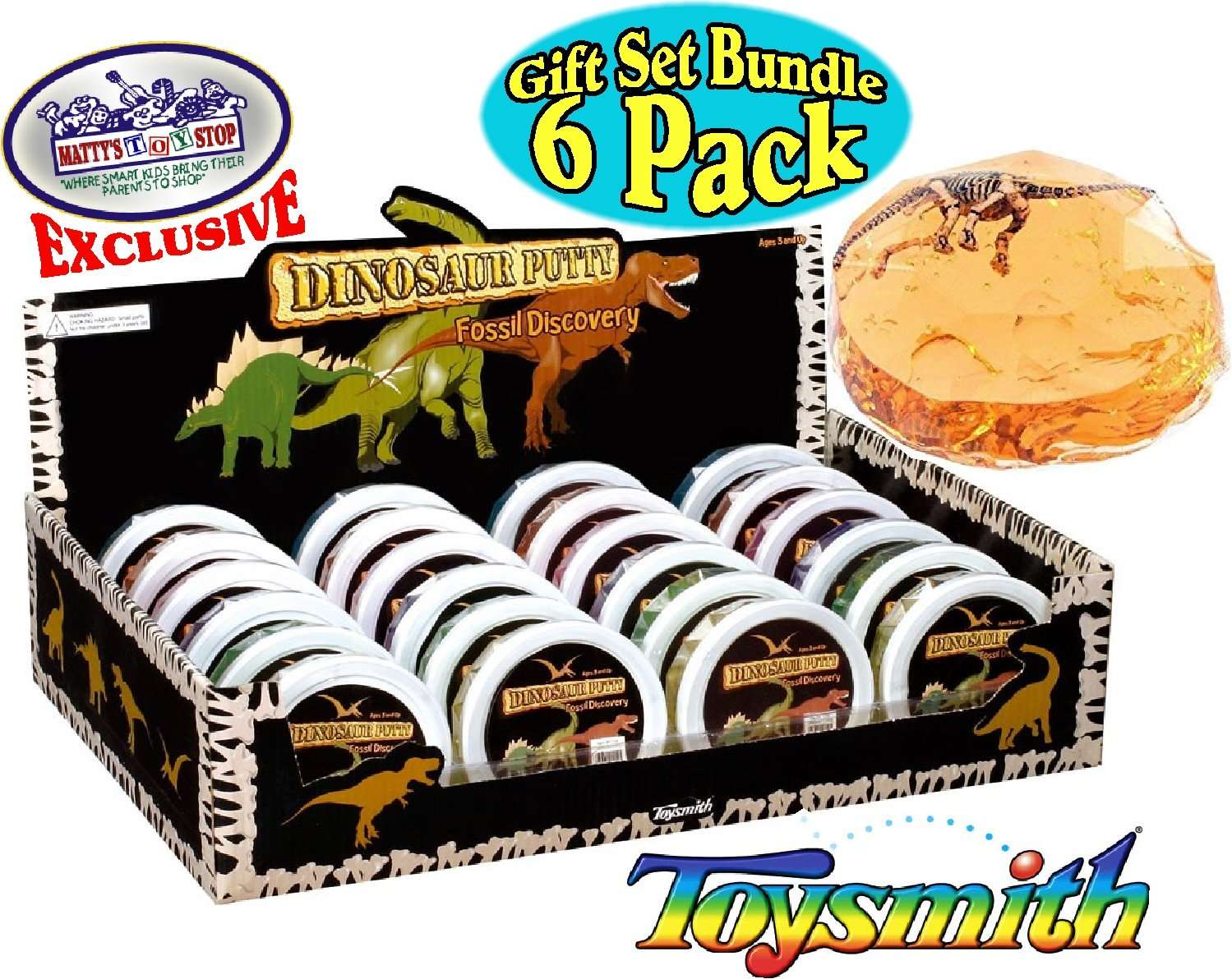 Toysmith Dinosaur Putty Fossil Discovery (Slime) Complete Gift Set Party Bundle with Exclusive Matty's Toy Stop Storage Bag - 6 Pack 4