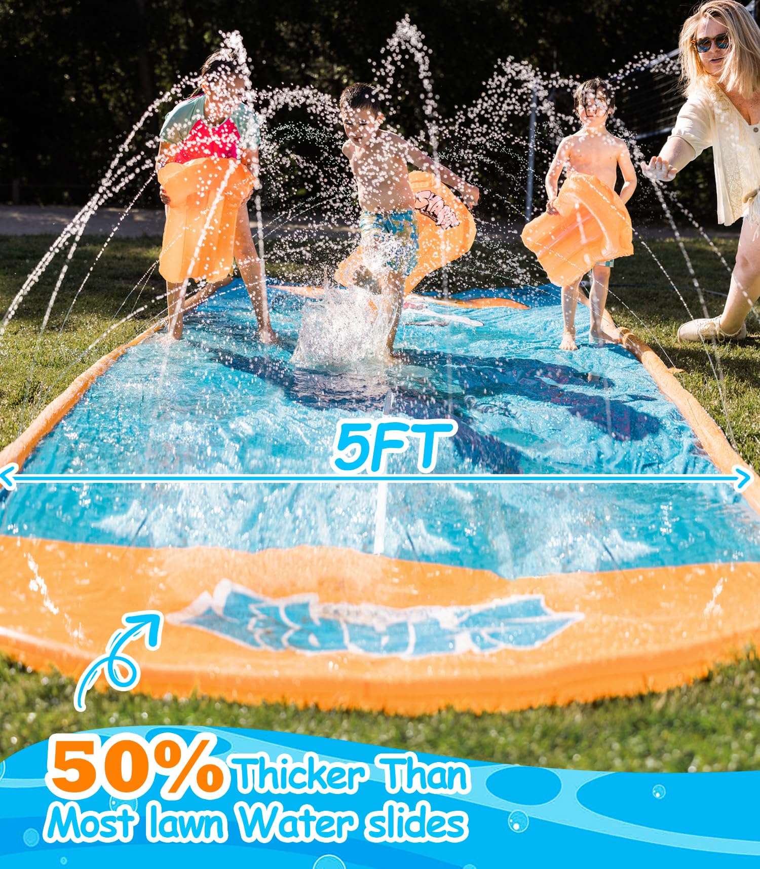 Slip Water Slide, 22ftx5ft Slip Water Slide for Kids Backyard Lawn,Summer Water Toys Outdoor Sprinkler with 2 Sliding Racing Lanes and 2 Inflatable Bodyboards 3