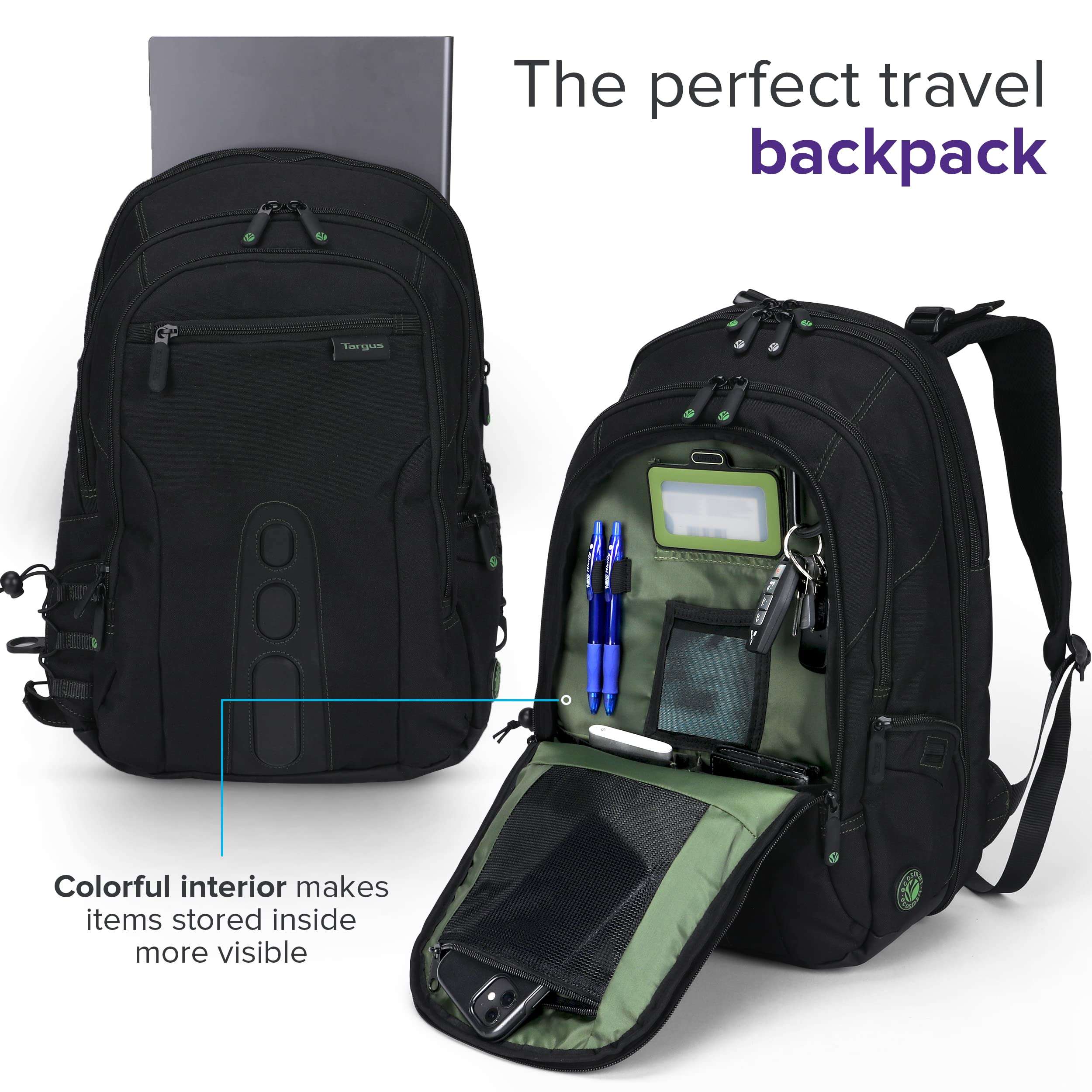 Targus Spruce EcoSmart Travel Laptop Backpack for 17 inch Laptops, TSA-Friendly Carry On Backpack Laptop Bag for Work and Travel, Black (TBB019US) 2