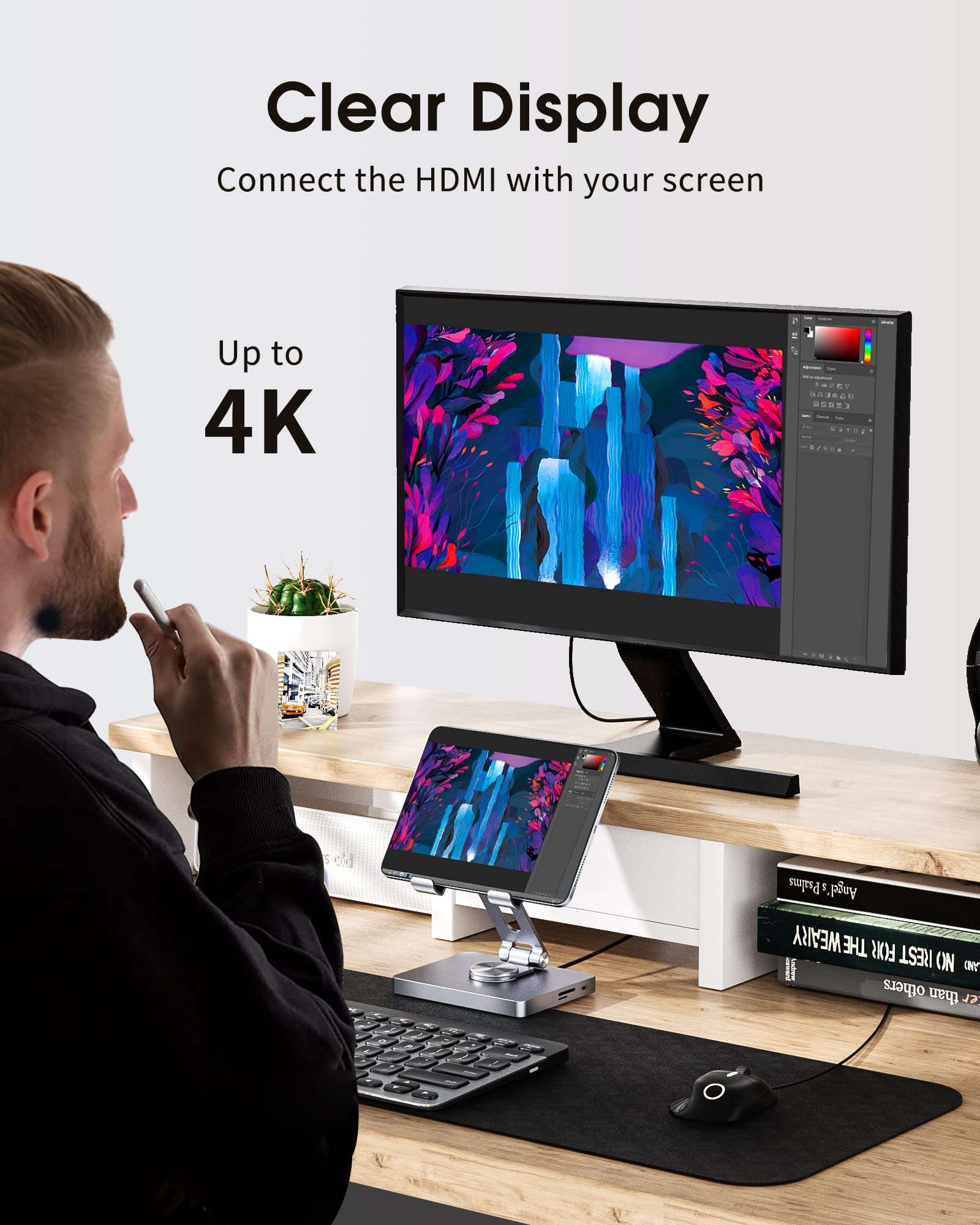 BYEASY iPad Stand, Laptop Docking Station, 8 in 1 iPad USB C Hub, Type-C Tablet Stand with HDMI, 3.5mm Jack, LAN, 100W PD Charging, 2*USB 3.0, SD/TF Card Reader, for iPad Pro, MacBook Pro. 3