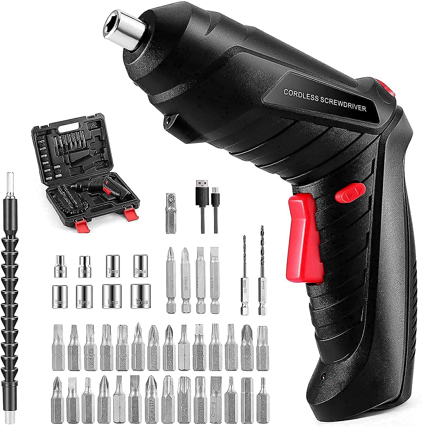 YORWAN Electric Screwdriver 47 in 1 Rotatable Cordless Screwdriver Drill with Built-in LED Rechargeable Cordless Power Drill Screw Driver Kit 4.2v lithium battery (Size:23LX16WX5H,Color:Black)
